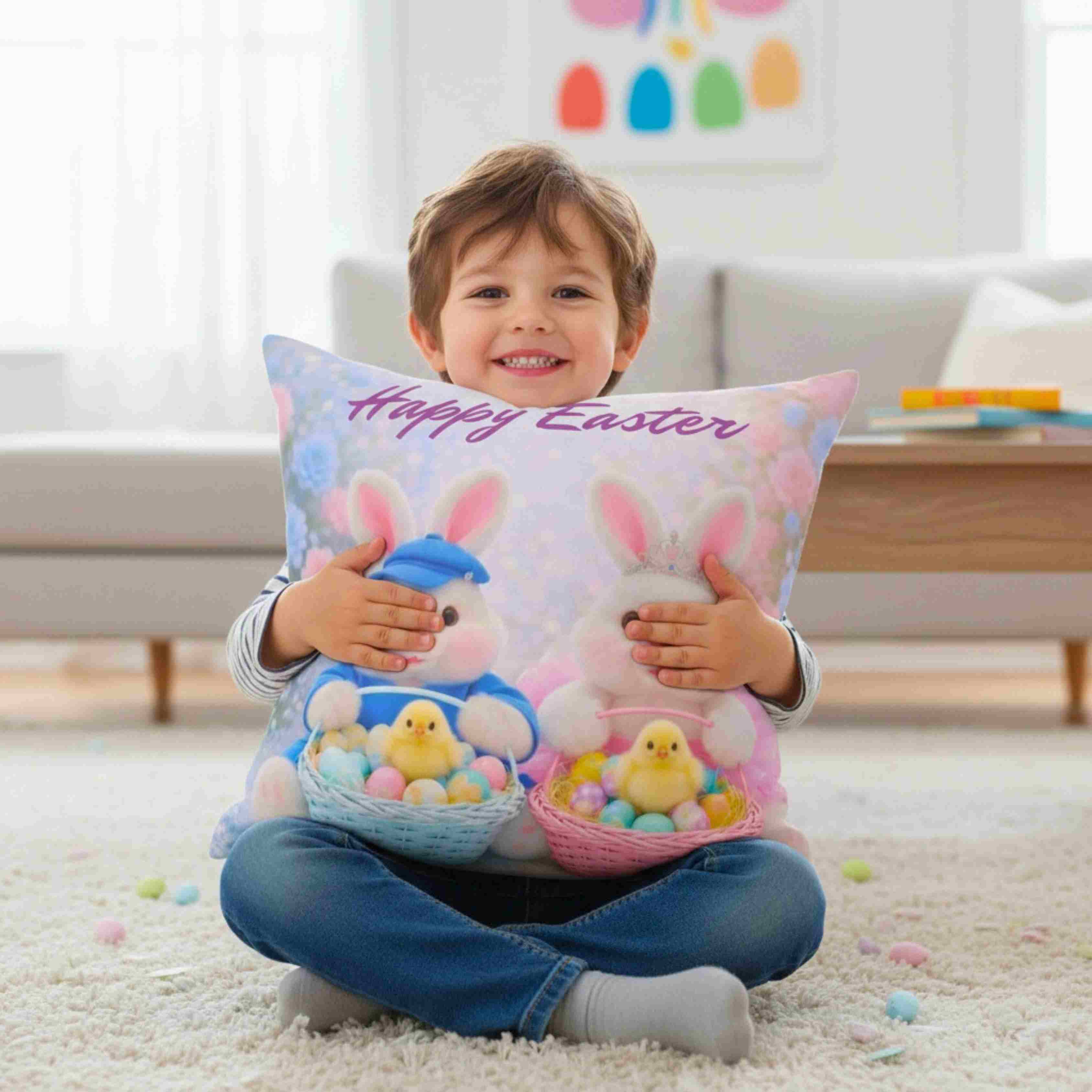 Easter Bunny X 2 Pillow - 'Happy Easter' Plush Holiday Throw Cushion product thumbnail image Easter Bunny X 2 Pillow - 'Happy Easter' Plush Holiday Throw Cushion product thumbnail image