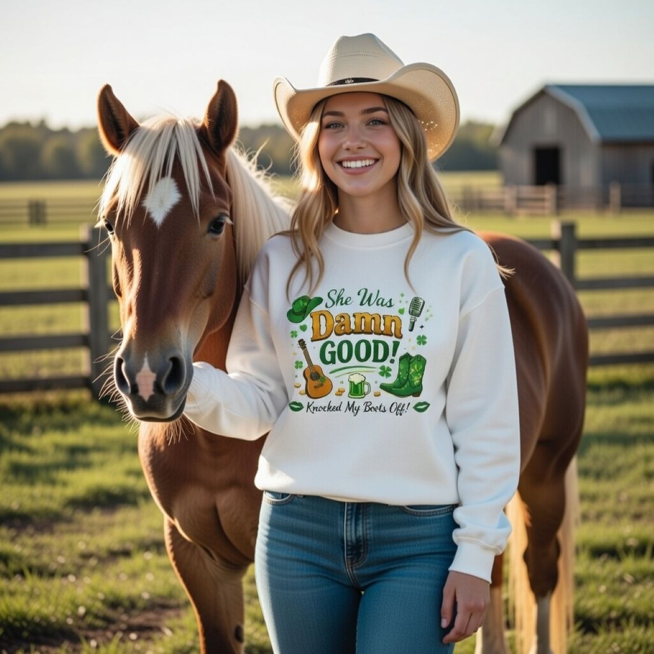 Cute Country Girl Sweatshirt – Vintage Western Graphic Crewneck | St. Patrick’s Cowgirl Pullover product thumbnail image Cute Country Girl Sweatshirt – Vintage Western Graphic Crewneck | St. Patrick’s Cowgirl Pullover product thumbnail image