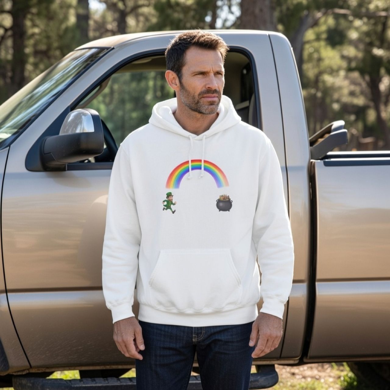 Horniest Man Alive (HMA) Hoodie – Funny St. Patrick’s Day Rainbow Leprechaun Pullover for Pub Crawls &amp; Parties product thumbnail image