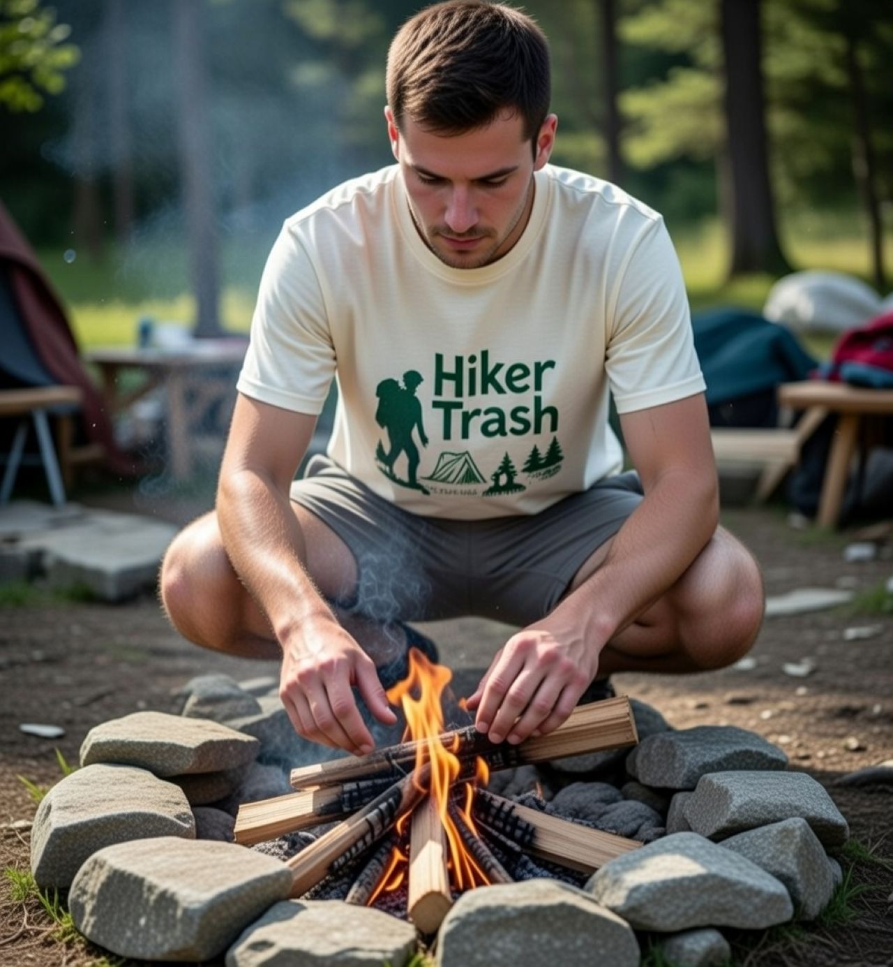 I AM – Hiker Trash T-Shirt — Funny Camping Tee with Backpacker &amp; Tent Graphic product thumbnail image