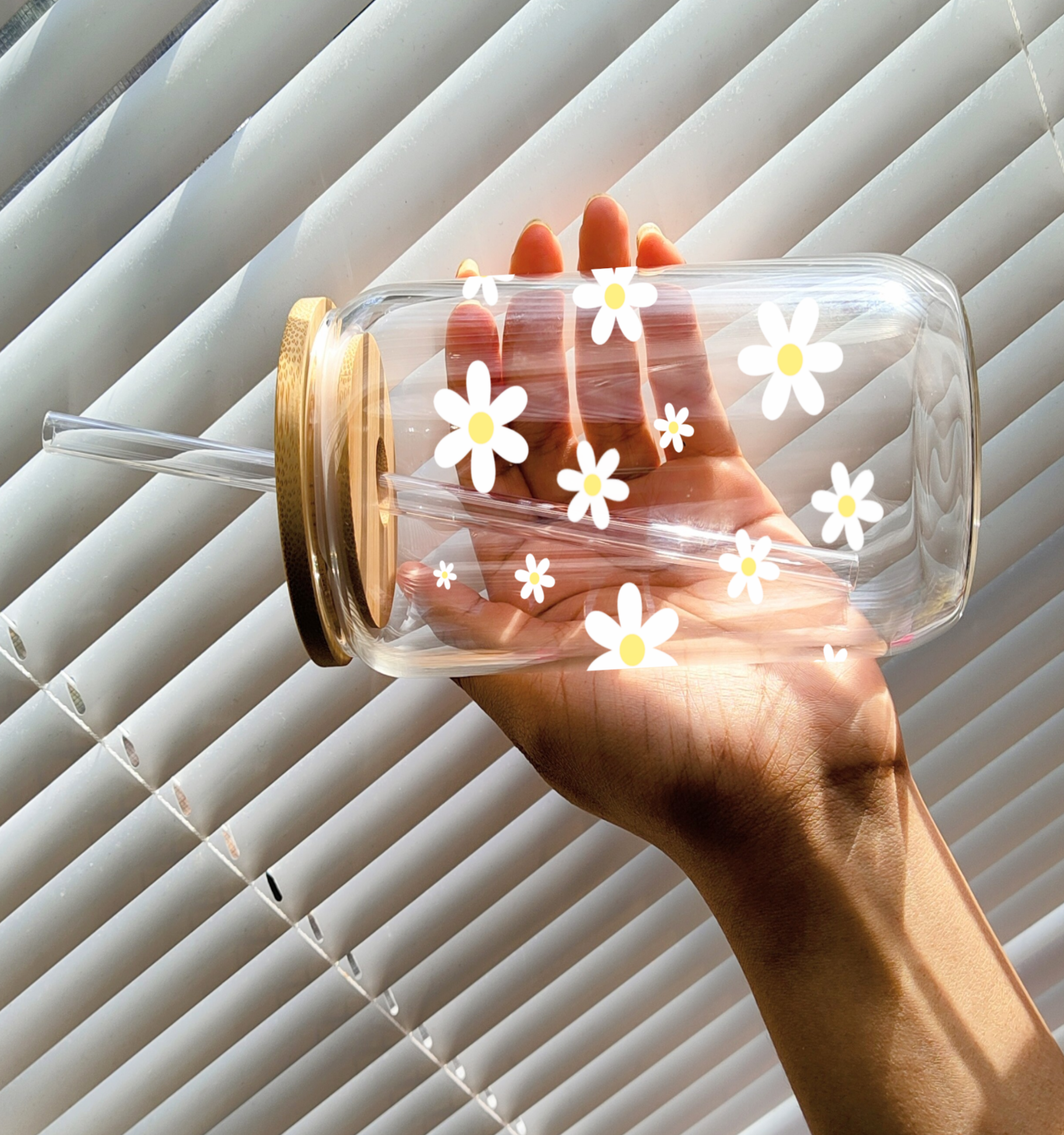 Daisy Sipper Glass — 16oz Floral Mason Jar Tumbler with Bamboo Lid &amp; Straw product thumbnail image