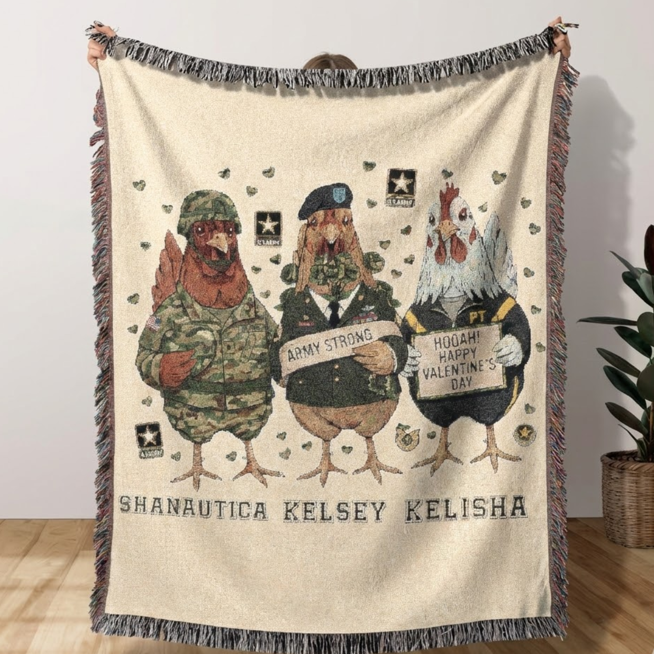 Personalized Army Chickens Woven Blanket | Funny Military Valentine's Day Gift | Custom "Army Strong" &amp; "Hooah" Soldier Names Throw | 100% Cotton Tapestry product thumbnail image