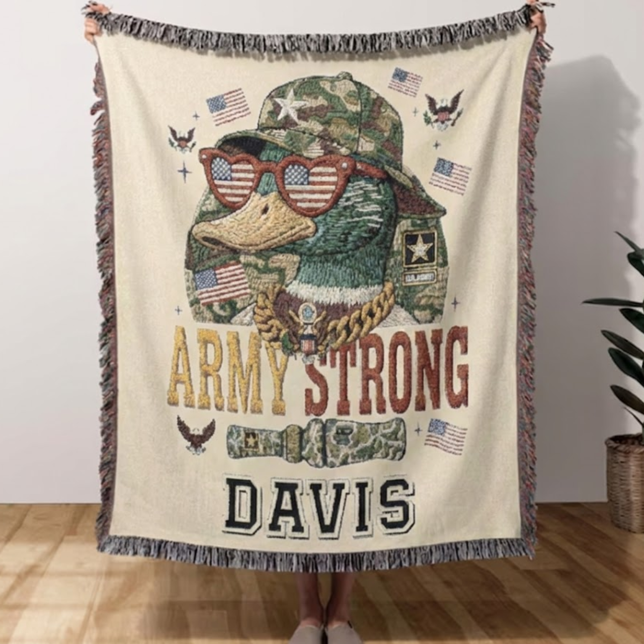 Personalized "Army Strong" Woven Throw Blanket | Custom Name Military Mallard Duck | Patriotic Camo Gift for Soldiers, Dads &amp; Veterans | 100% Cotton Tapestry product thumbnail image