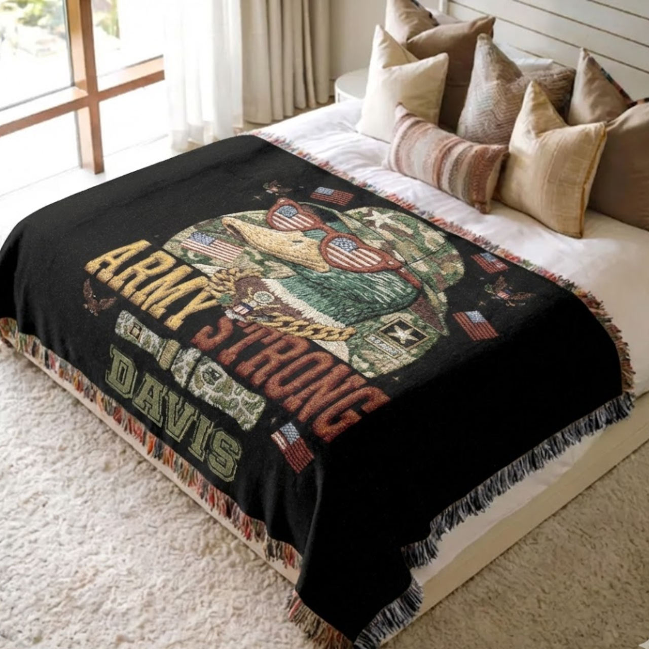 Personalized "Army Strong" Woven Throw Blanket | Custom Name Military Mallard Duck | Patriotic Camo Gift for Soldiers, Dads &amp; Veterans | 100% Cotton Tapestry product thumbnail image