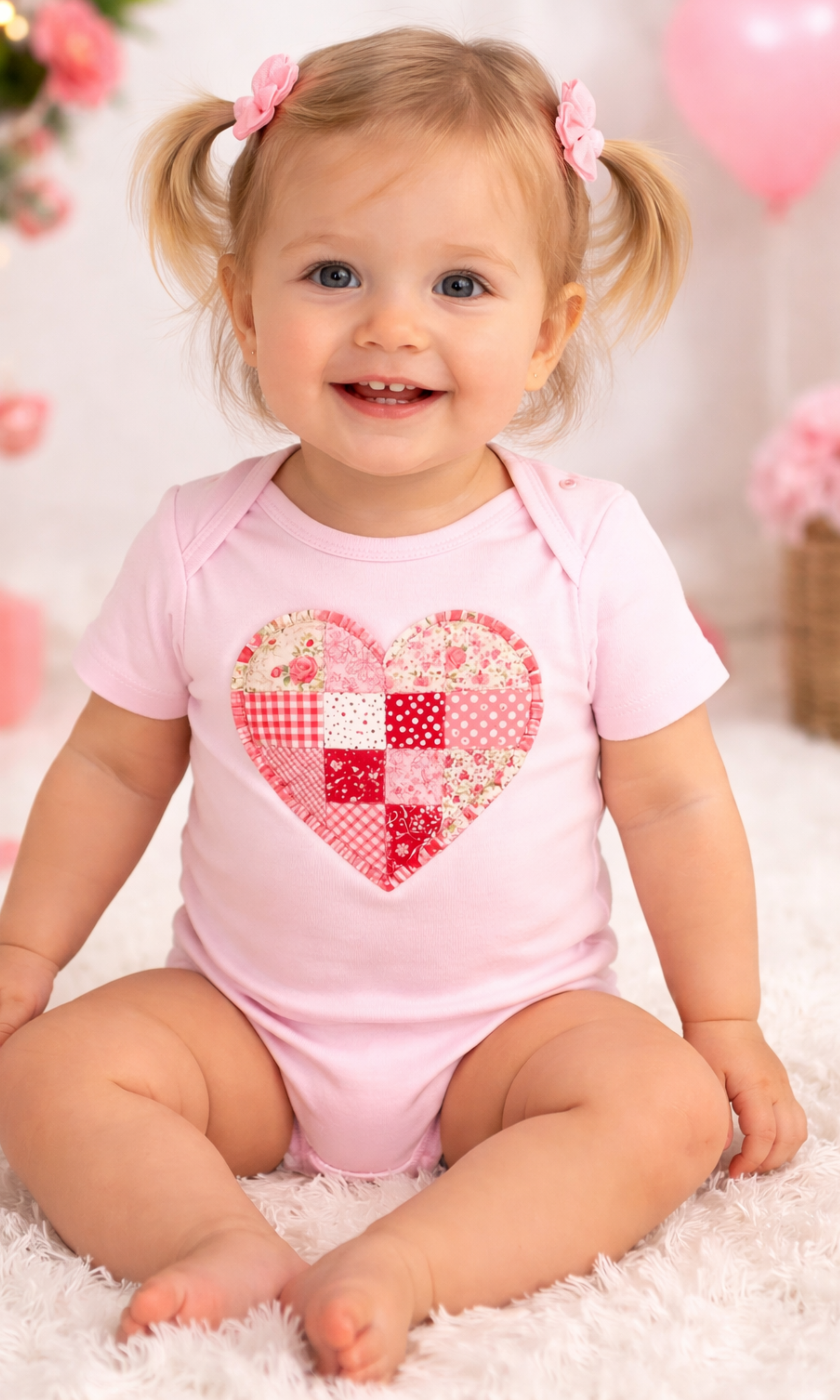 Patchwork Heart Infant Bodysuit - Cute Red Quilted Heart Baby Onesie
