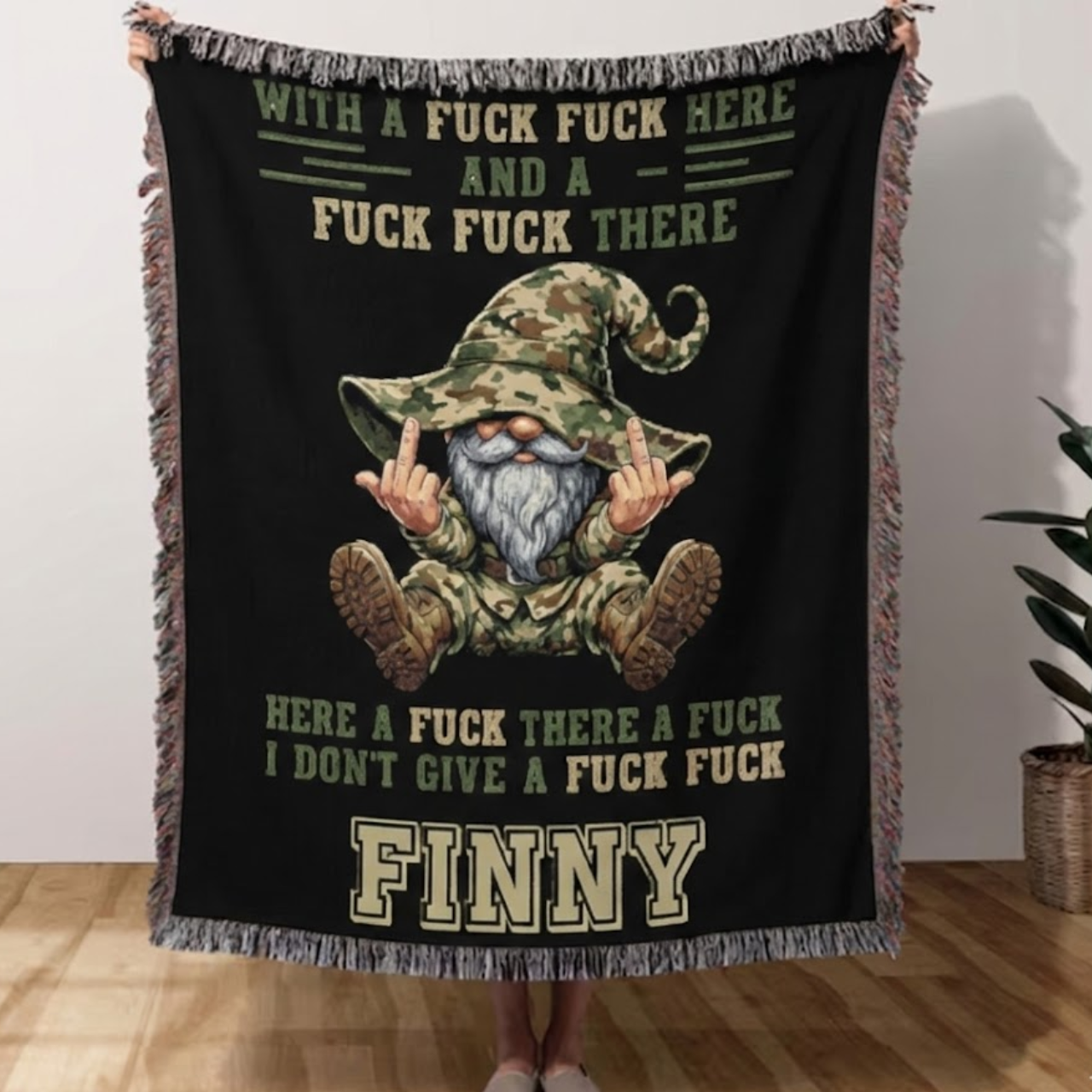 Custom "Zero Fucks" Gnome Woven Blanket | Funny Camo Wizard Throw | Personalized Rude Gag Gift for Him &amp; Her