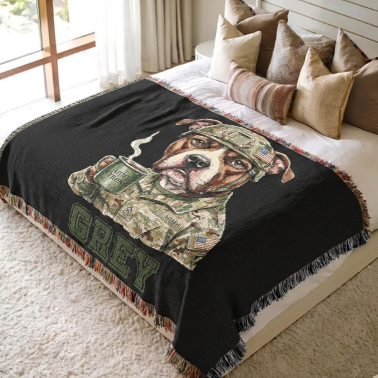 Personalized Army Pitbull Woven Blanket – "Army Strong" Military Dog Tapestry Throw – Custom Name Gift for Soldiers &amp; Veterans