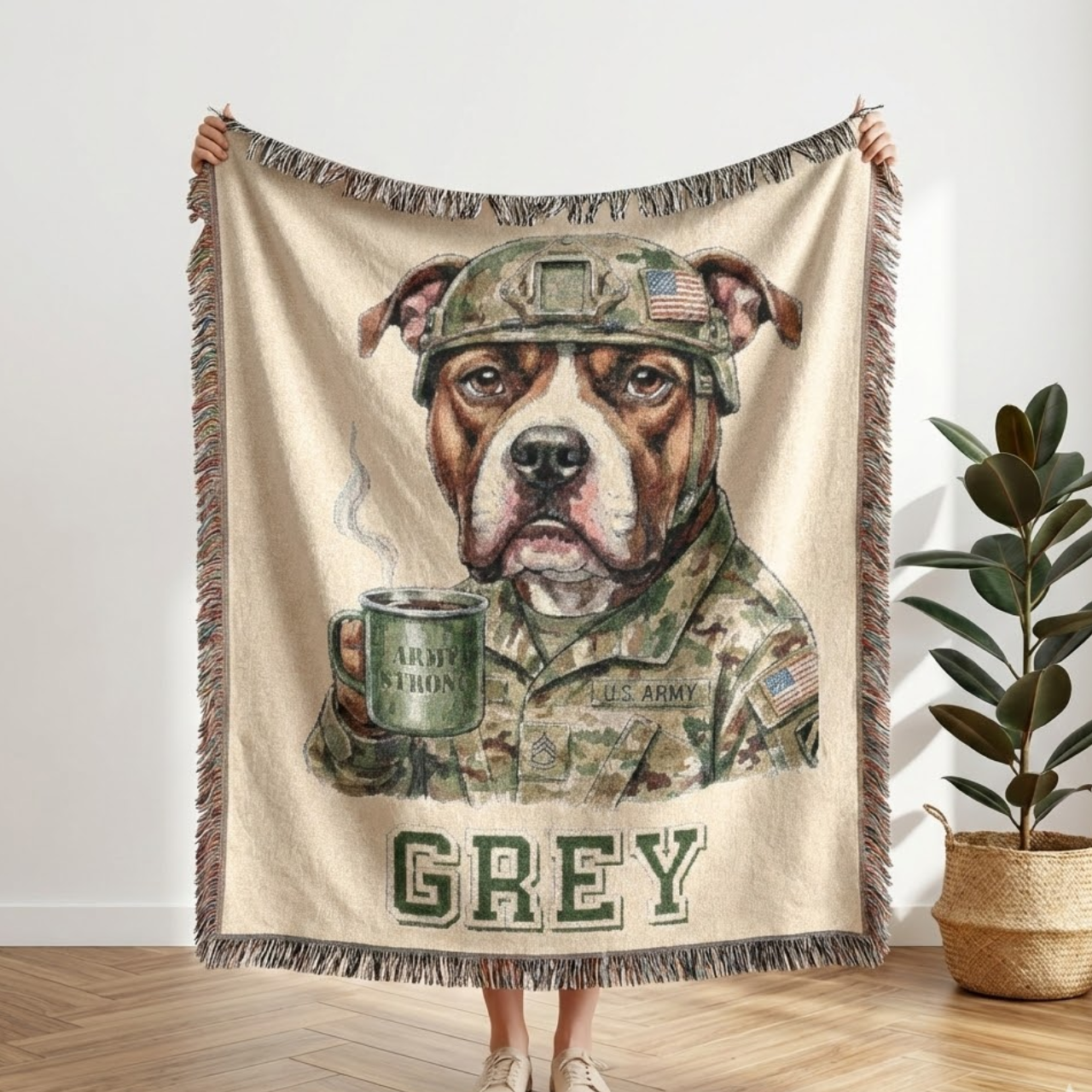 Personalized Army Pitbull Woven Blanket – "Army Strong" Military Dog Tapestry Throw – Custom Name Gift for Soldiers &amp; Veterans product thumbnail image