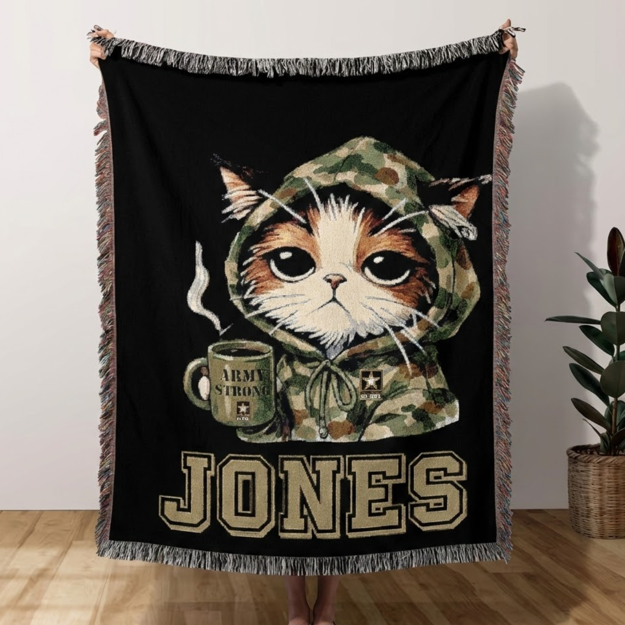 Personalized Army Cat Woven Blanket – Custom Name "Army Strong" Camo Kitty Throw – Funny Military Gift for Soldiers &amp; Cat Lovers product thumbnail image