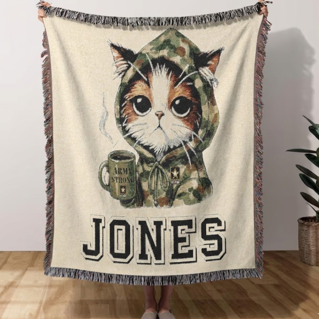 Personalized Army Cat Woven Blanket – Custom Name "Army Strong" Camo Kitty Throw – Funny Military Gift for Soldiers &amp; Cat Lovers