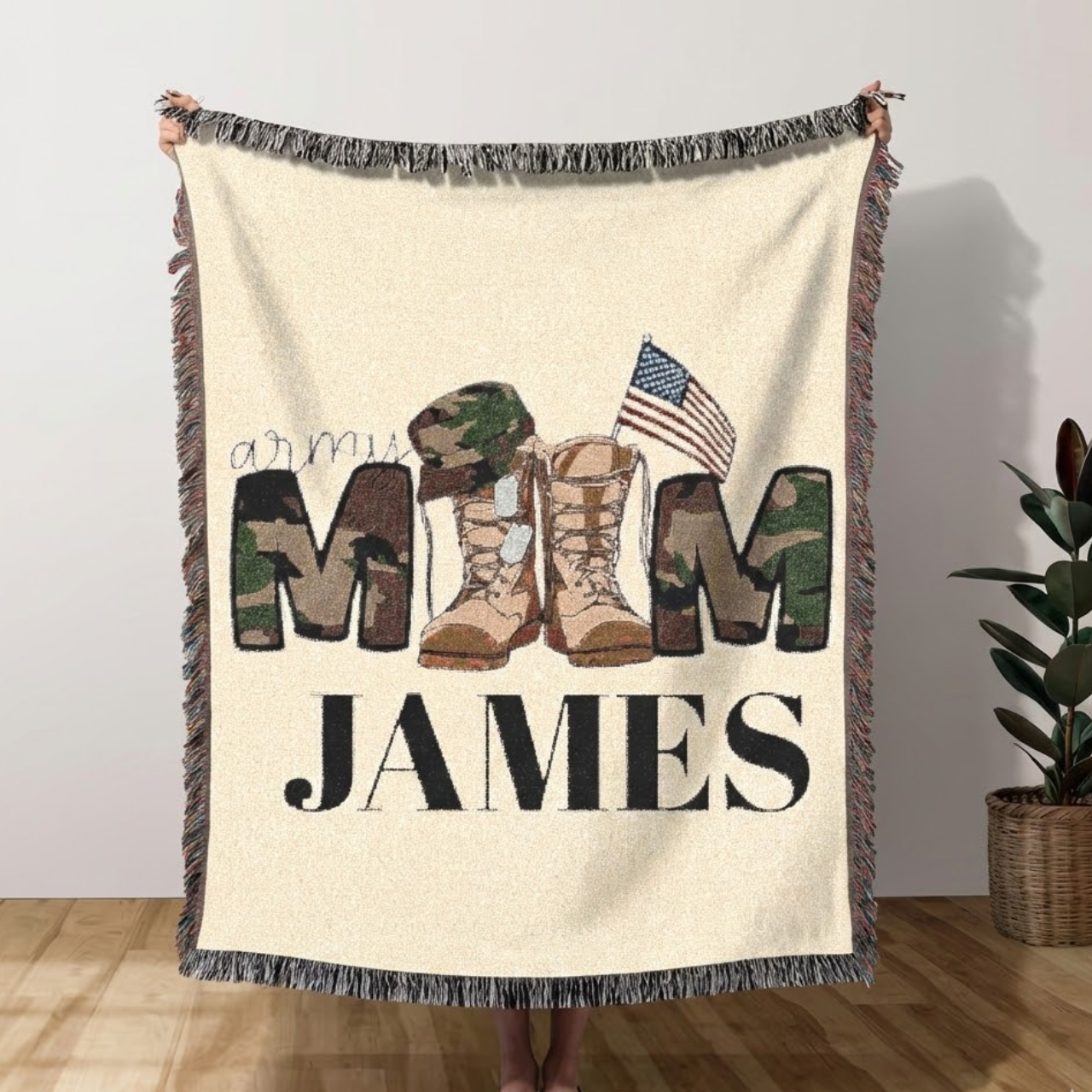Personalized Army Mom Woven Blanket – Custom Name Military Tribute Throw | Camo, Boots &amp; Flag Design | Proud Mom Deployment Gift