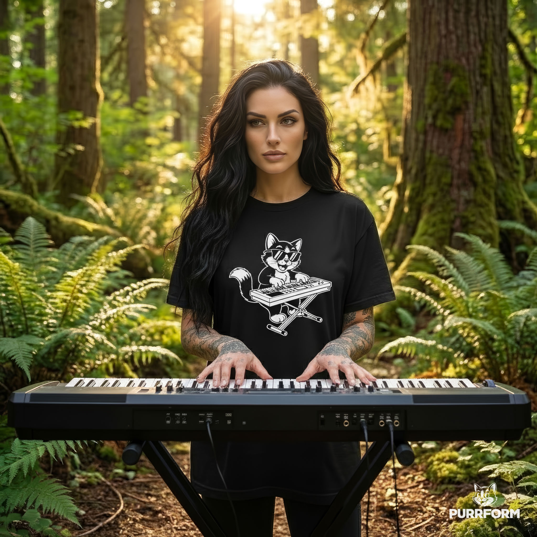 Cool Keyboard Cat DJ Shirt – Funny Musician Cat Playing Synth Keyboard Unisex T-Shirt product thumbnail image