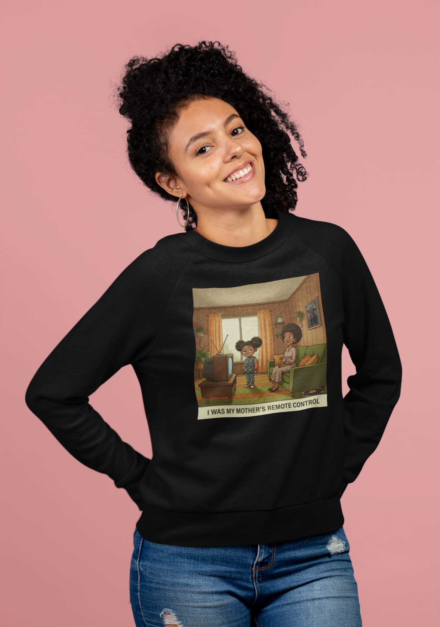 Crewneck Sweatshirt — “I Was My Mother’s Remote Control” Retro Cartoon Graphic