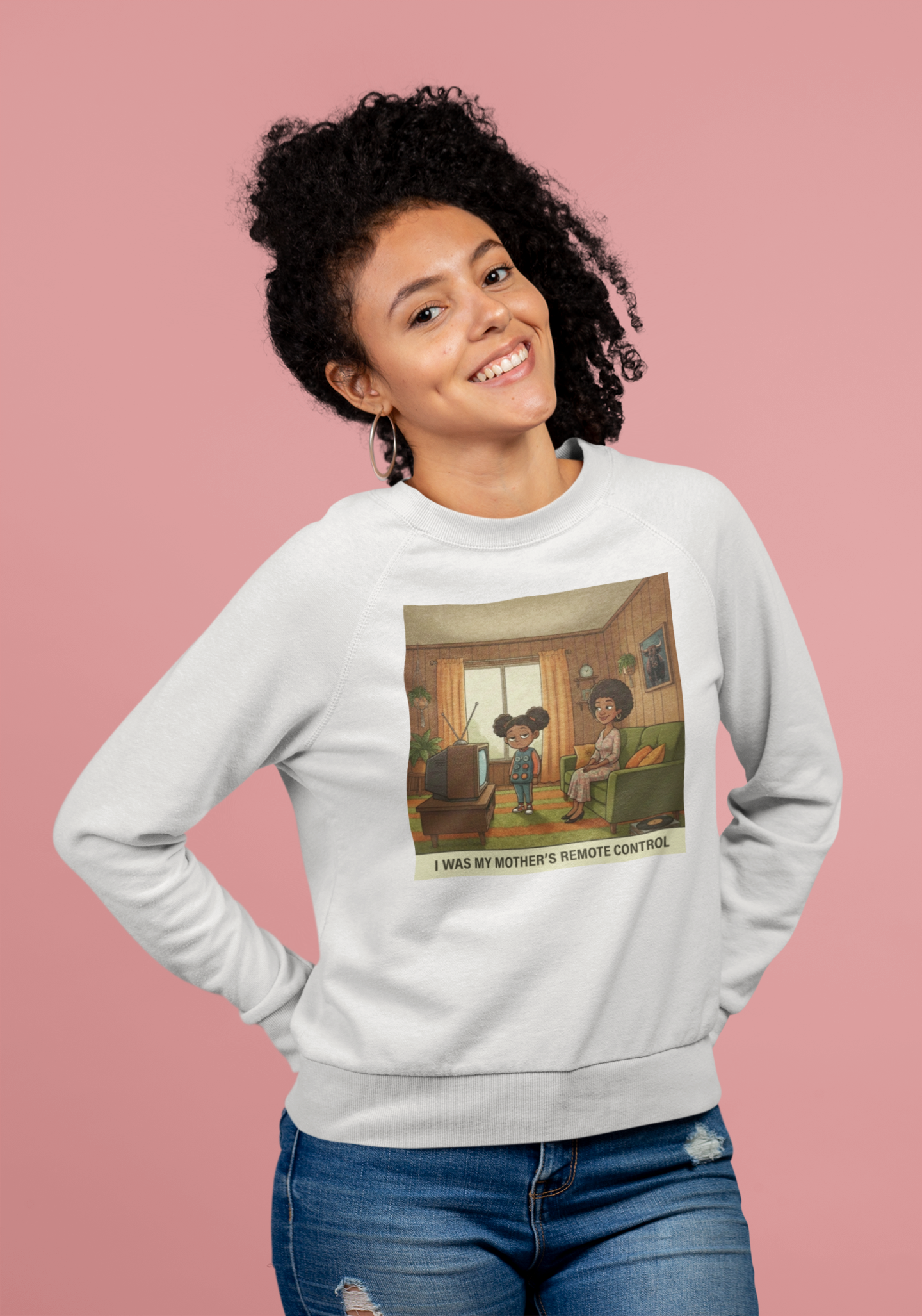 Crewneck Sweatshirt — “I Was My Mother’s Remote Control” Retro Cartoon Graphic product thumbnail image Crewneck Sweatshirt — “I Was My Mother’s Remote Control” Retro Cartoon Graphic product thumbnail image