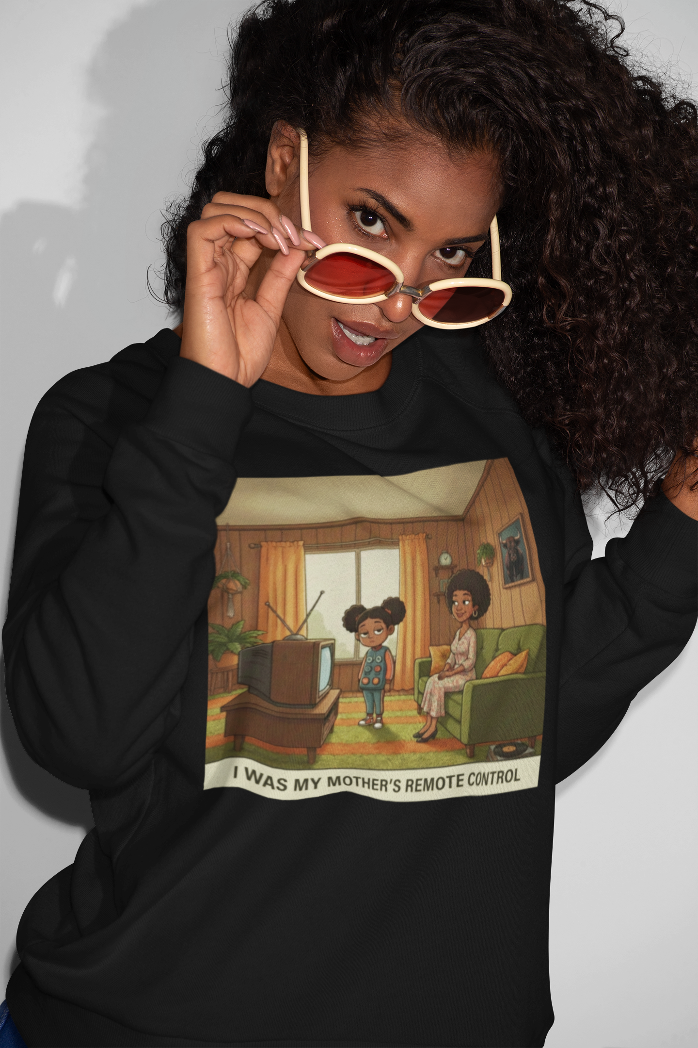 Crewneck Sweatshirt — “I Was My Mother’s Remote Control” Retro Cartoon Graphic product thumbnail image