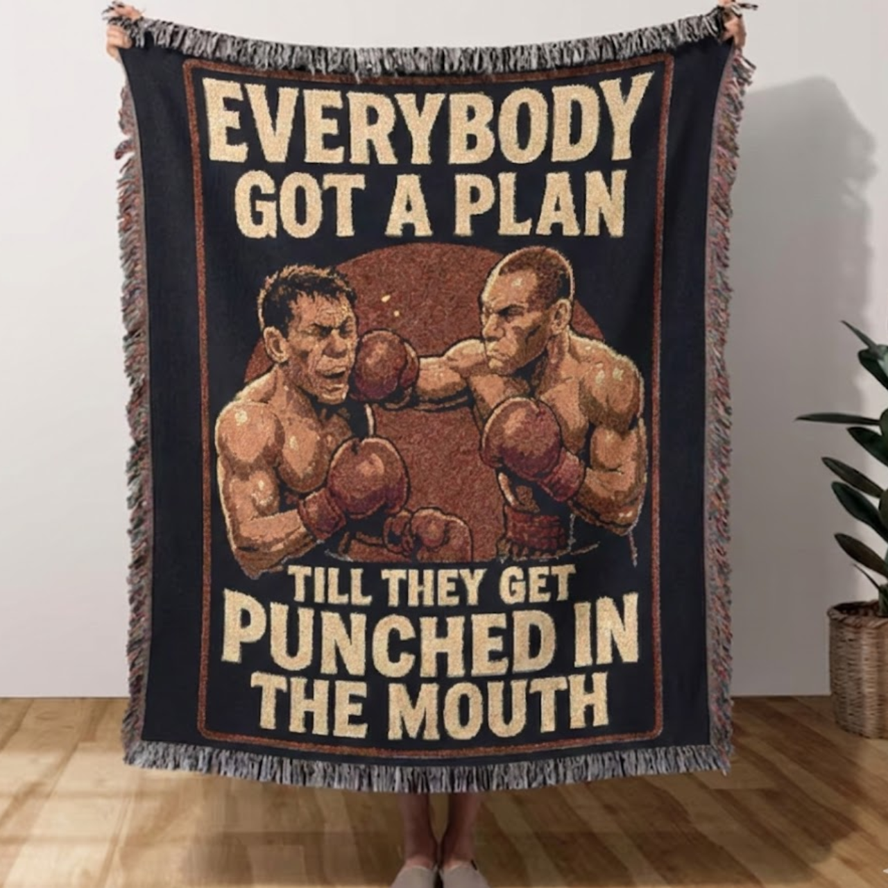 Everybody Got A Plan" Boxing Legend Woven Blanket | Iconic Sports Quote Tapestry Throw | 100% Cotton Man Cave Decor &amp; Boxing Gift product thumbnail image
