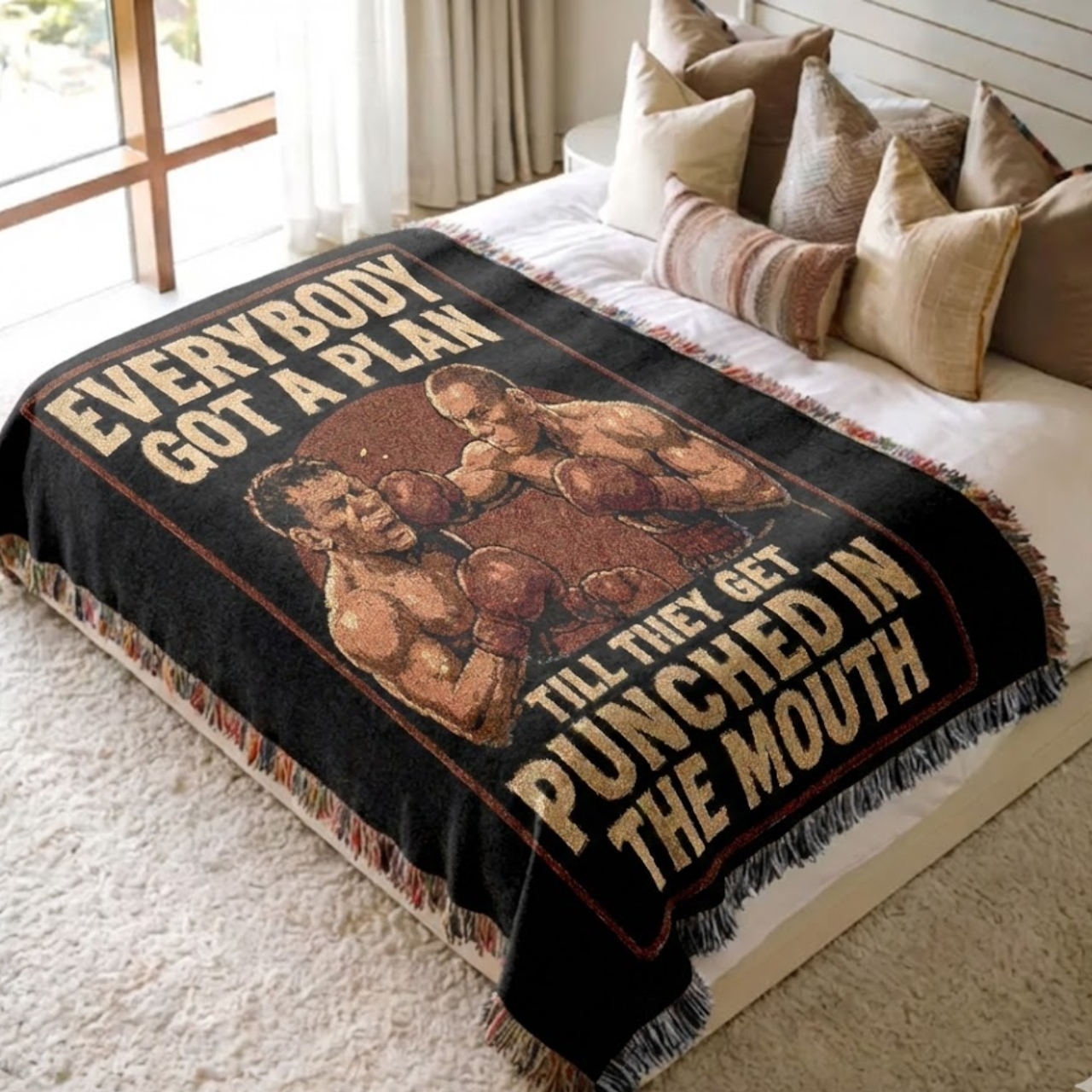 Everybody Got A Plan" Boxing Legend Woven Blanket | Iconic Sports Quote Tapestry Throw | 100% Cotton Man Cave Decor &amp; Boxing Gift