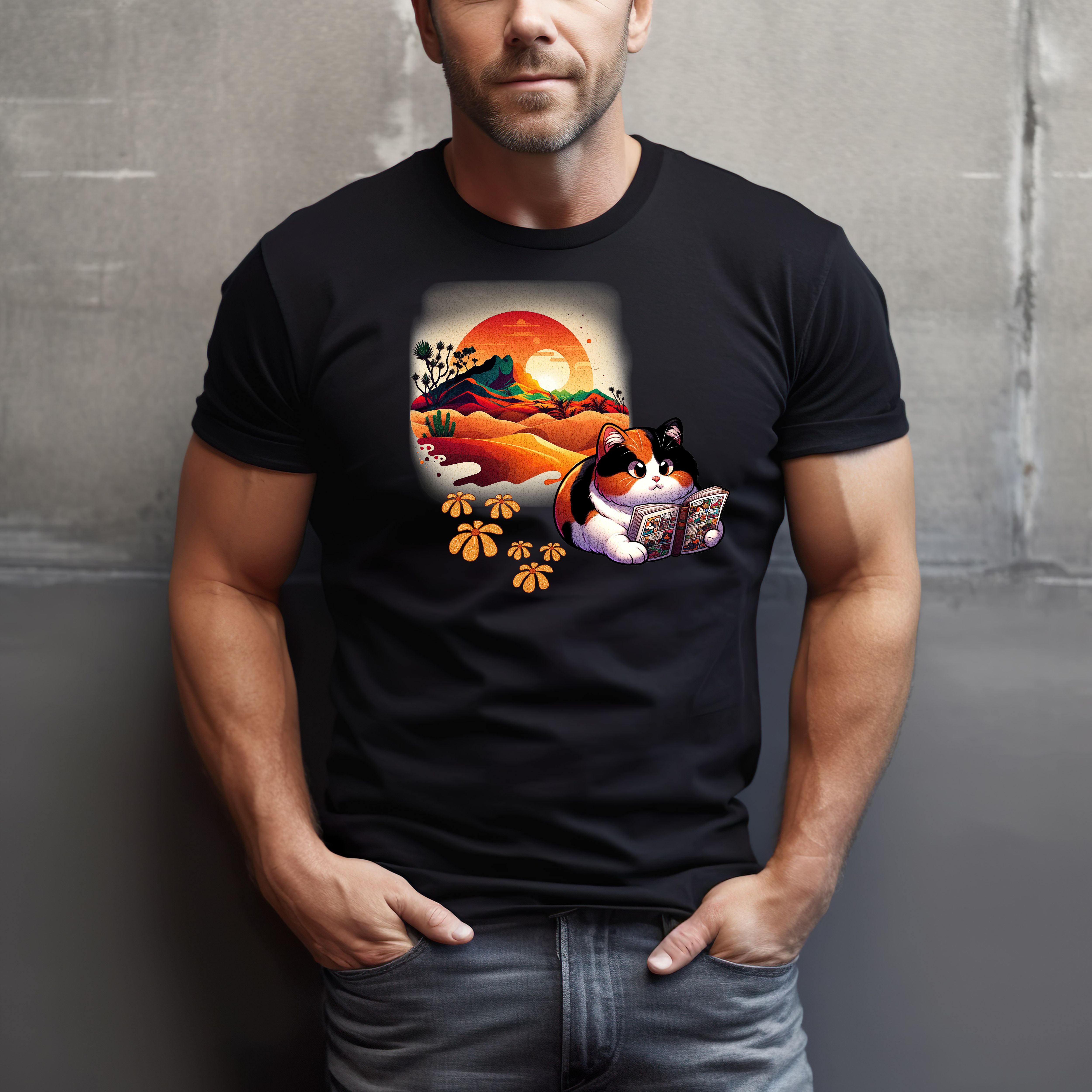 Painted Desert Kitty Calico Cat T-Shirt — Cute Calico Kitty Reading Comics in Desert Scene product thumbnail image