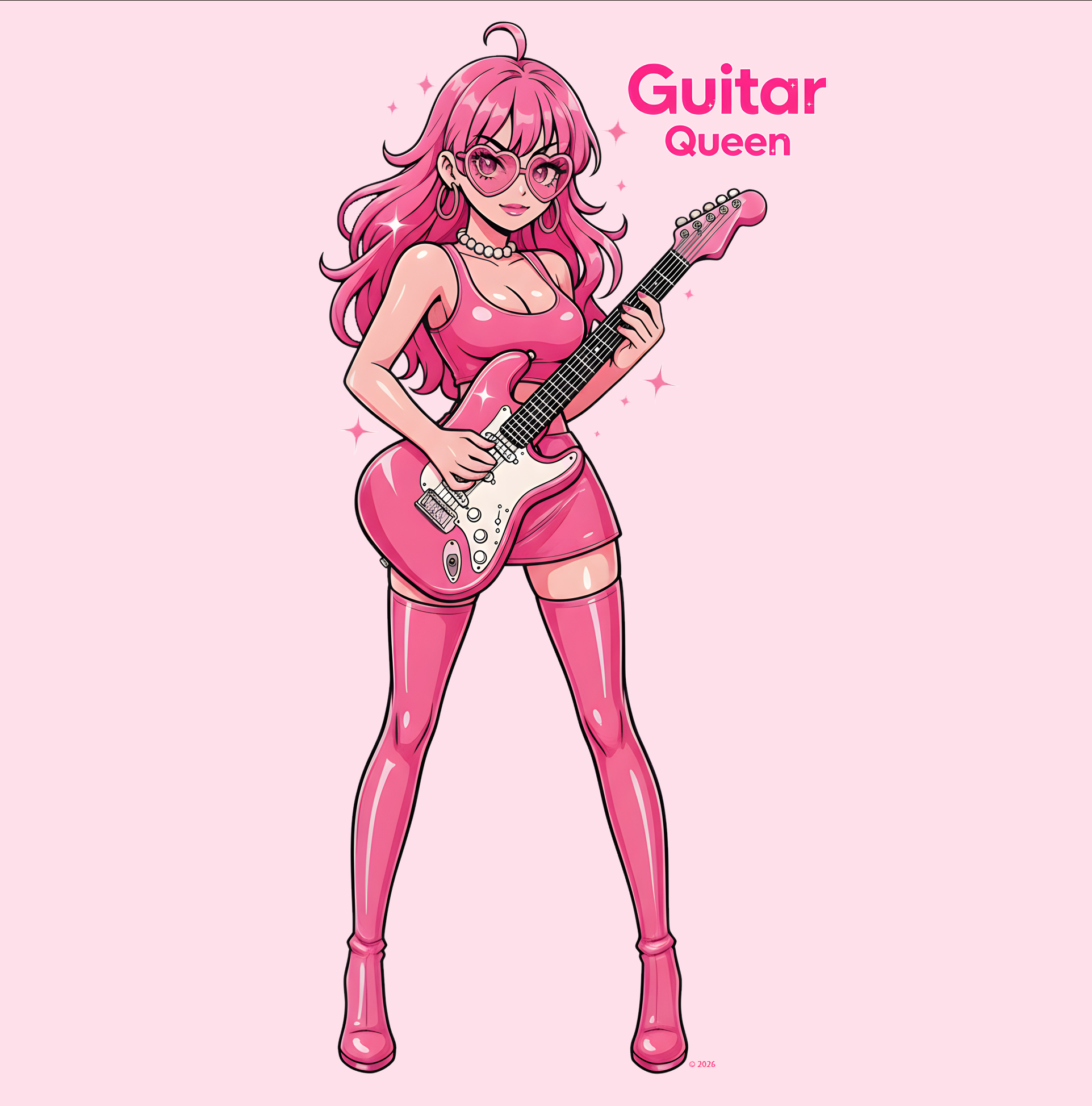 Bimbocore Pink T-Shirt — Pink "Guitar Queen" Graphic Tee ("Guitar Girl") product thumbnail image