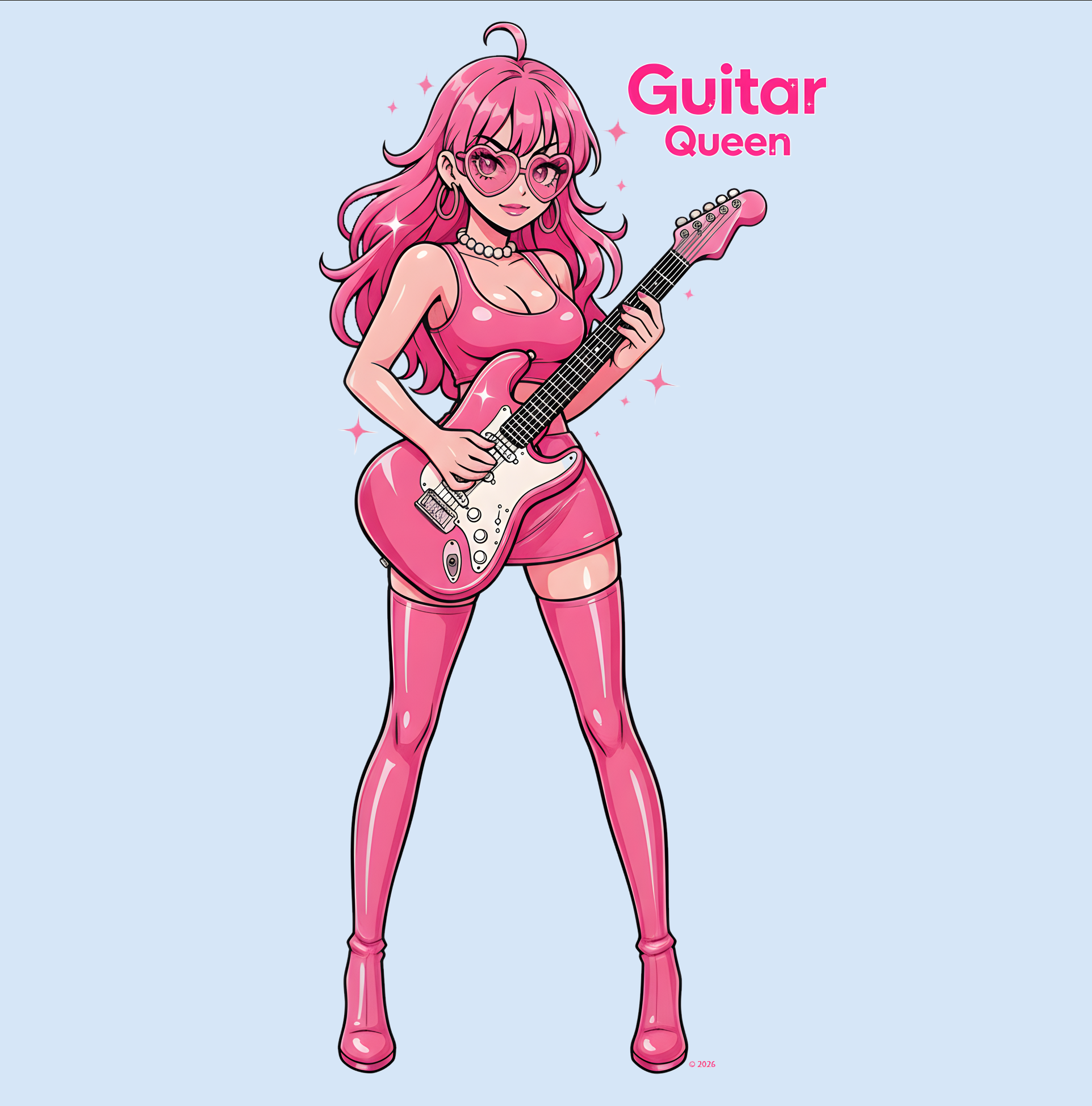 Bimbocore Pink T-Shirt — Pink "Guitar Queen" Graphic Tee ("Guitar Girl") product thumbnail image
