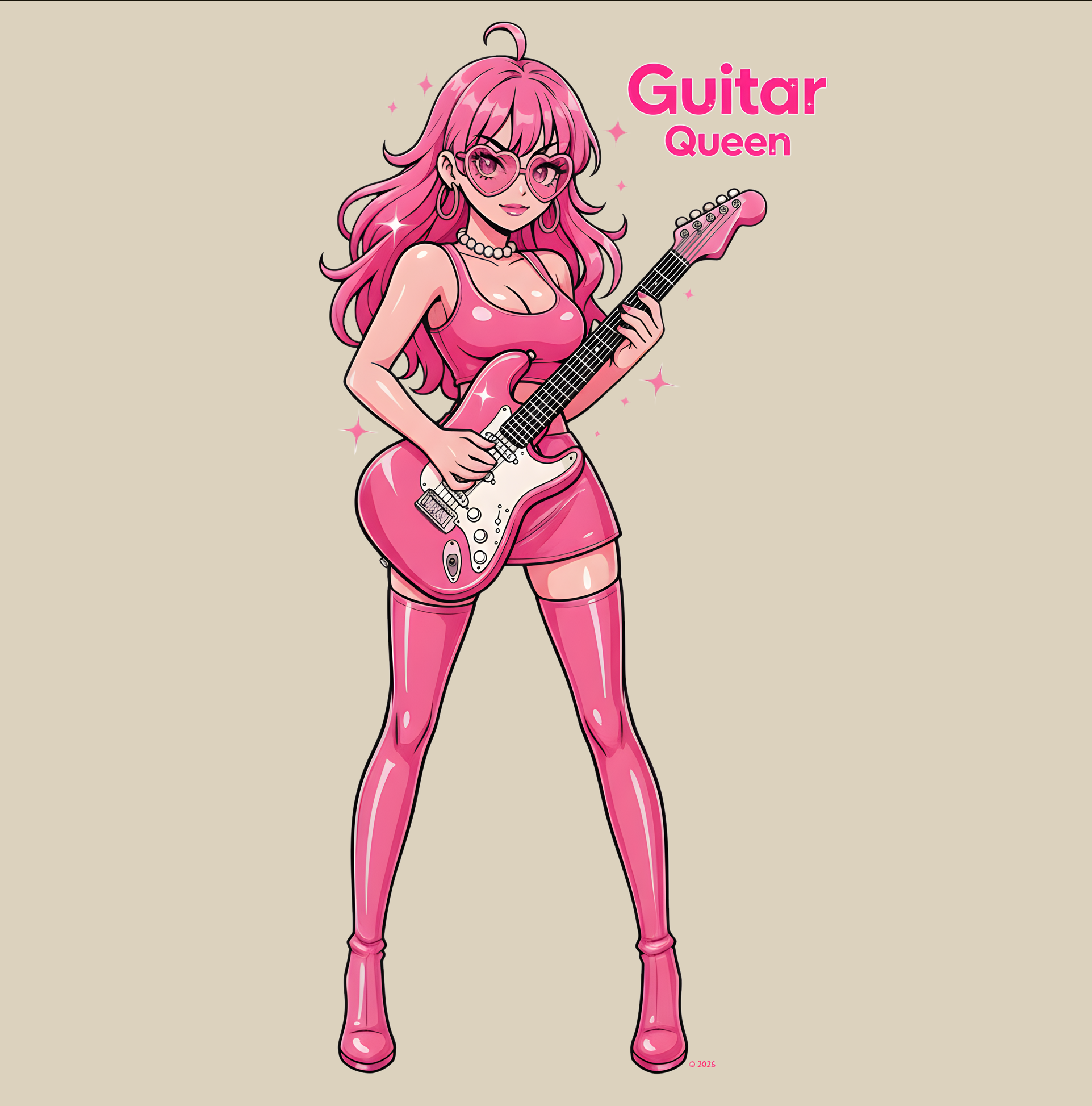 Bimbocore Pink T-Shirt — Pink "Guitar Queen" Graphic Tee ("Guitar Girl") product thumbnail image