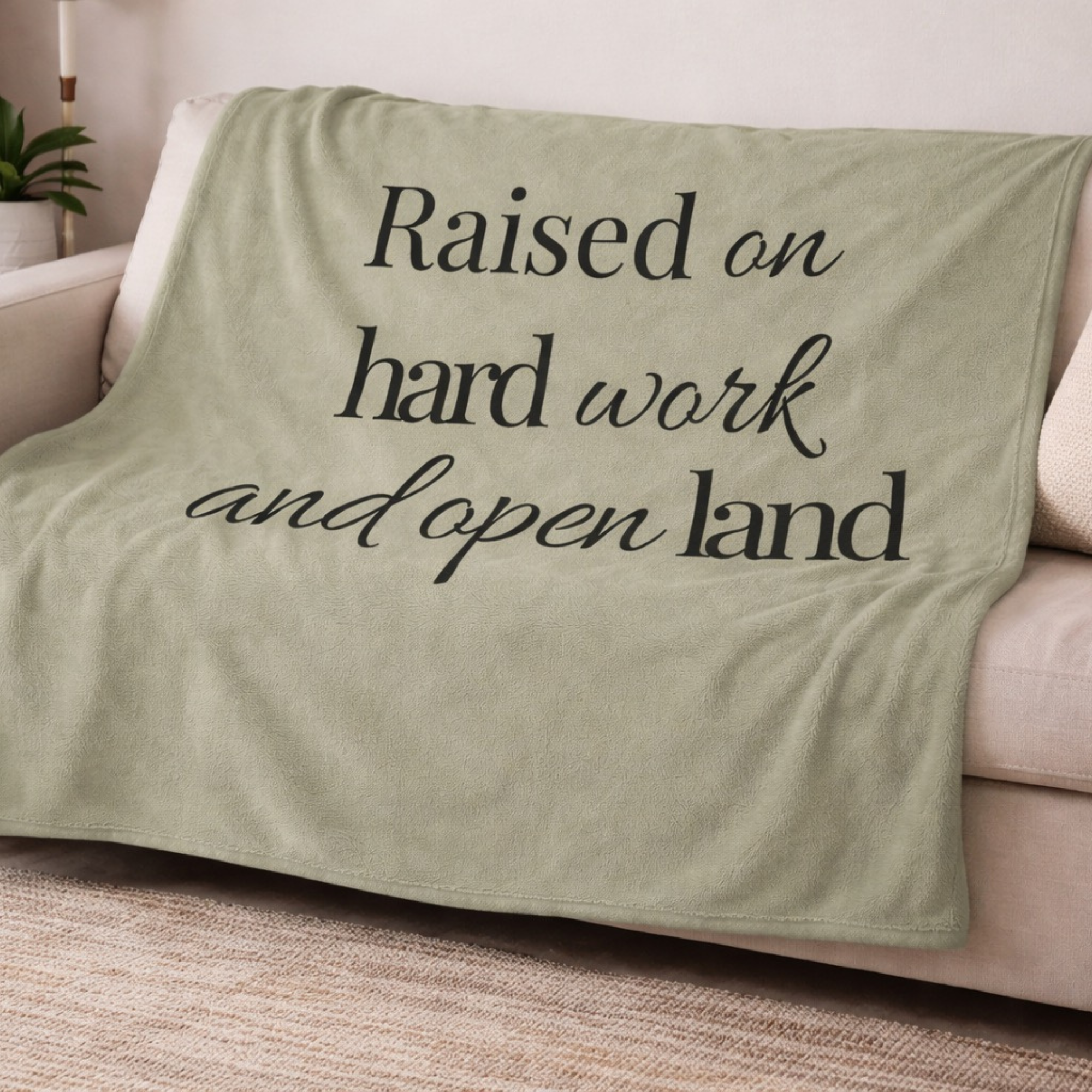 Raised on Hard Work and Open Land – Cozy Sage Farmhouse Fleece Blanket product thumbnail image Raised on Hard Work and Open Land – Cozy Sage Farmhouse Fleece Blanket product thumbnail image