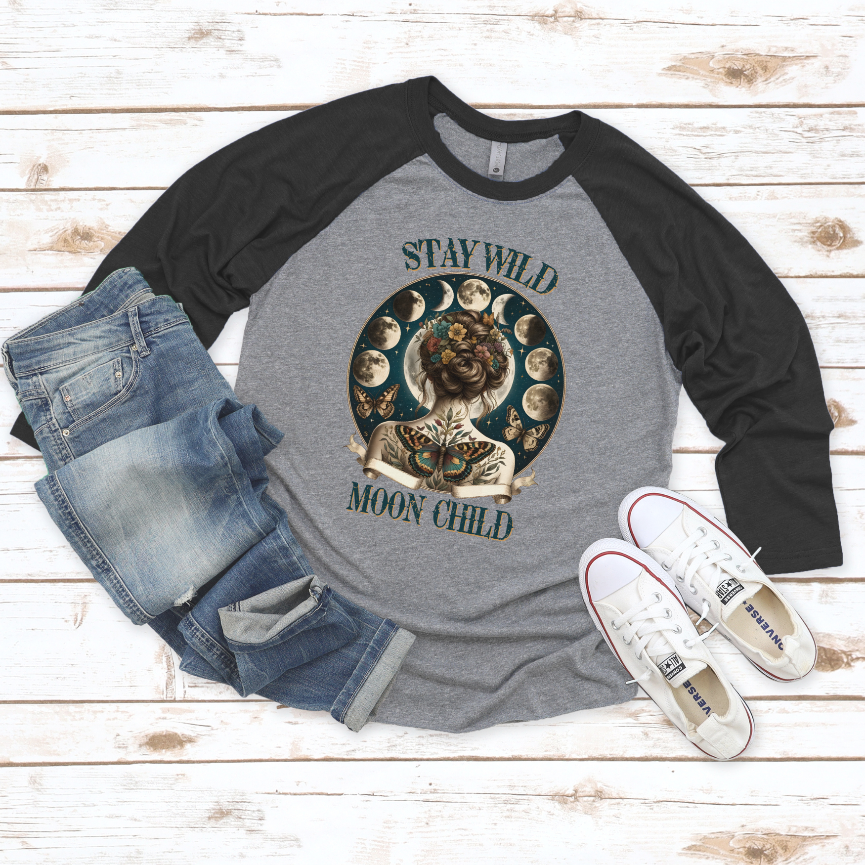 Moon Child Raglan Tee — "Stay Wild" Lunar Phases Baseball Shirt product thumbnail image Moon Child Raglan Tee — "Stay Wild" Lunar Phases Baseball Shirt product thumbnail image