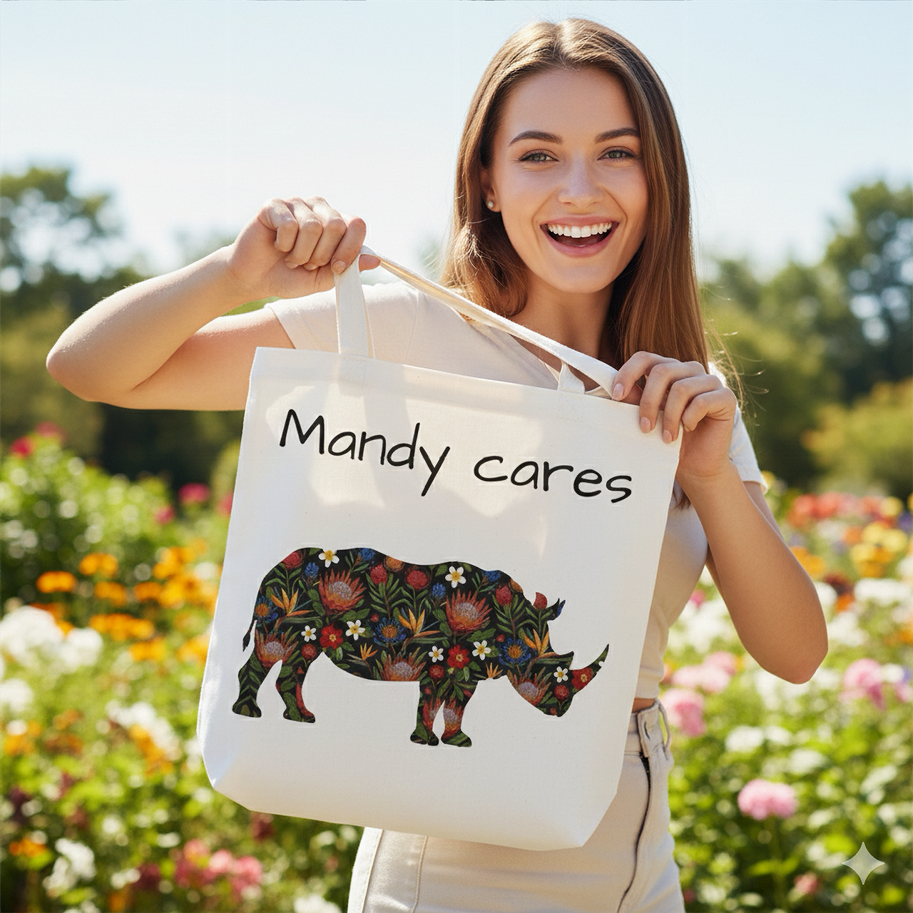 Floral Rhino Canvas Tote Bag