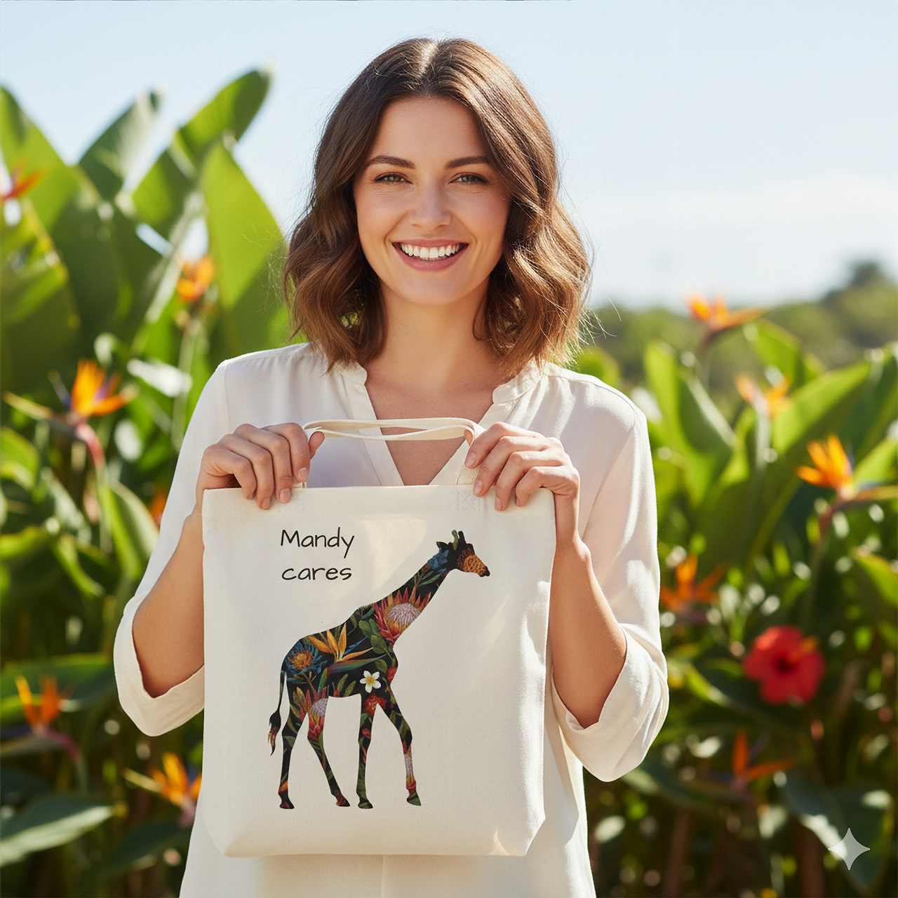 Floral Giraffe Canvas Tote Bag
