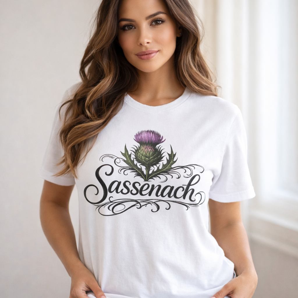 Sassenach Thistle T-Shirt | Scottish Floral Script Tee - Image 1 | Lily's Pad Studio