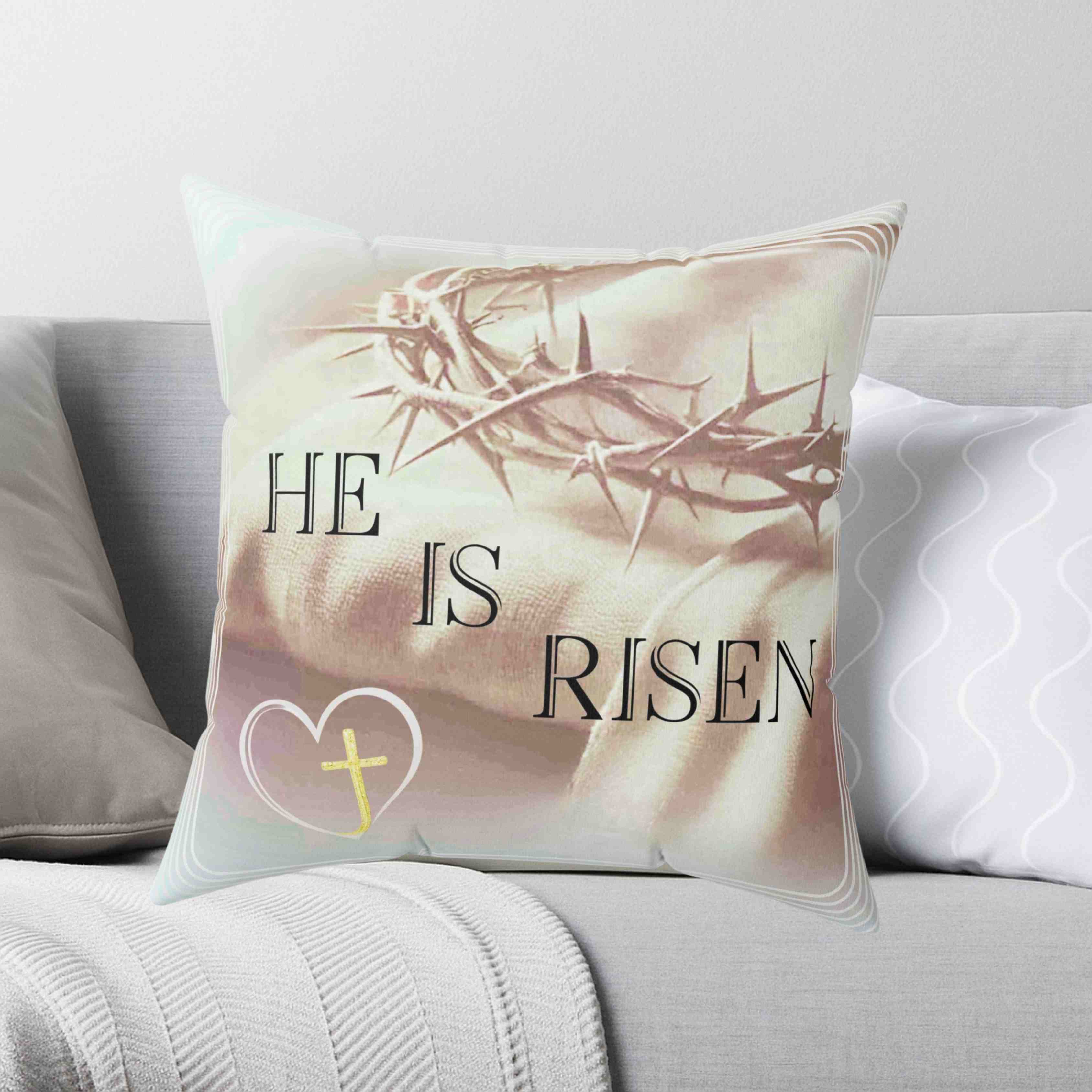 He Is Risen Decorative Throw Pillow — Christian Easter Couch Cushion with Crown of Thorns product thumbnail image He Is Risen Decorative Throw Pillow — Christian Easter Couch Cushion with Crown of Thorns product thumbnail image