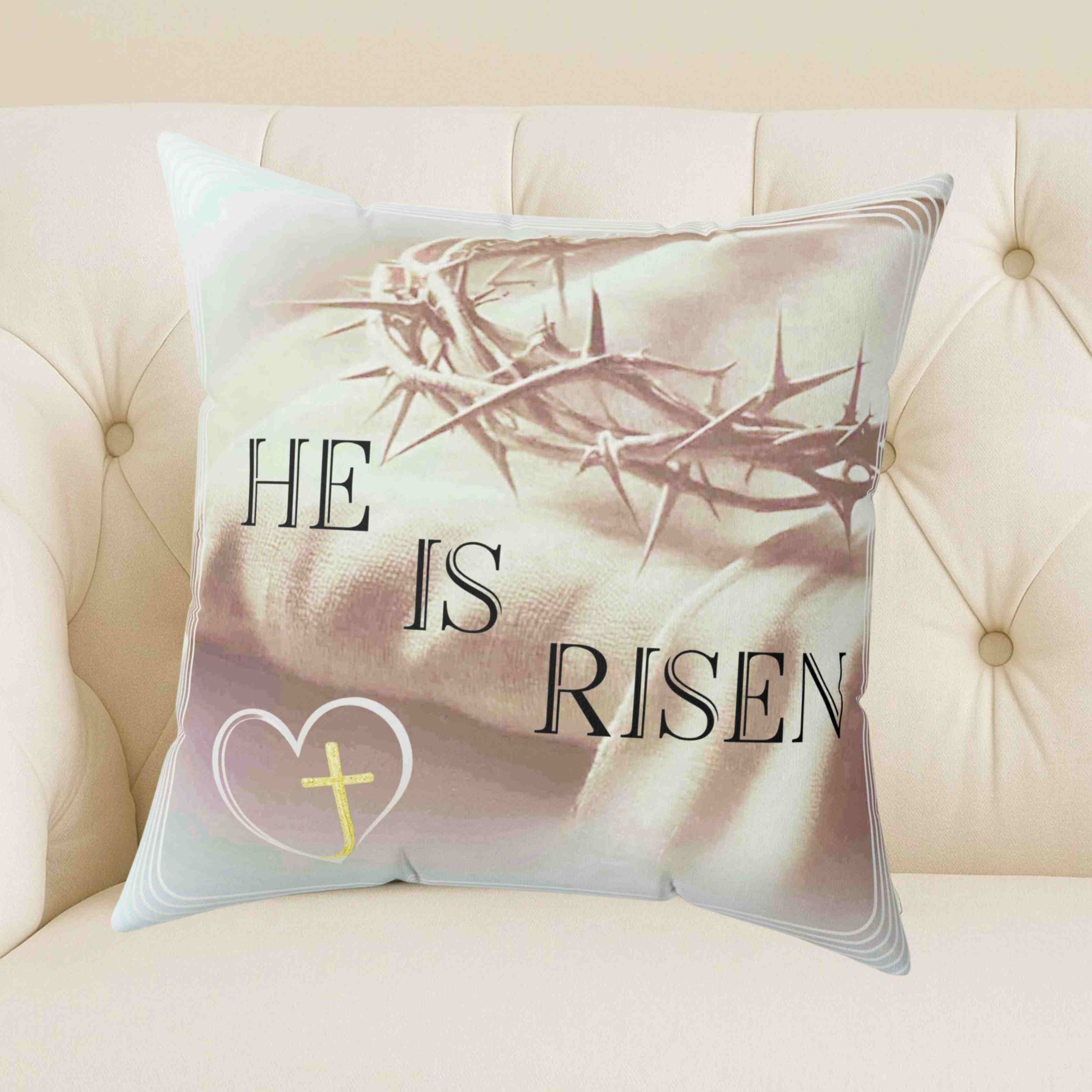 He Is Risen Decorative Throw Pillow — Christian Easter Couch Cushion with Crown of Thorns product thumbnail image He Is Risen Decorative Throw Pillow — Christian Easter Couch Cushion with Crown of Thorns product thumbnail image