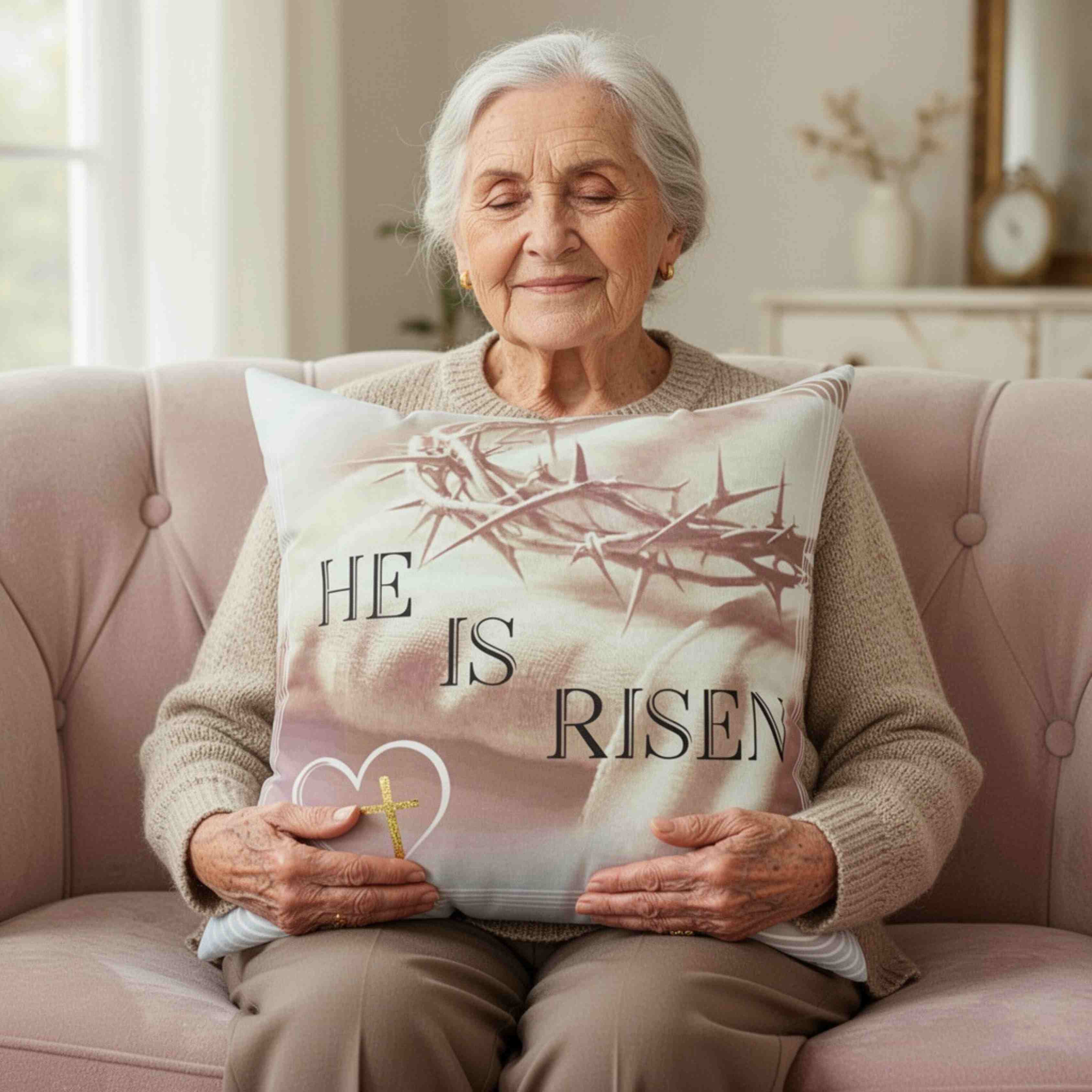 He Is Risen Decorative Throw Pillow — Christian Easter Couch Cushion with Crown of Thorns product thumbnail image