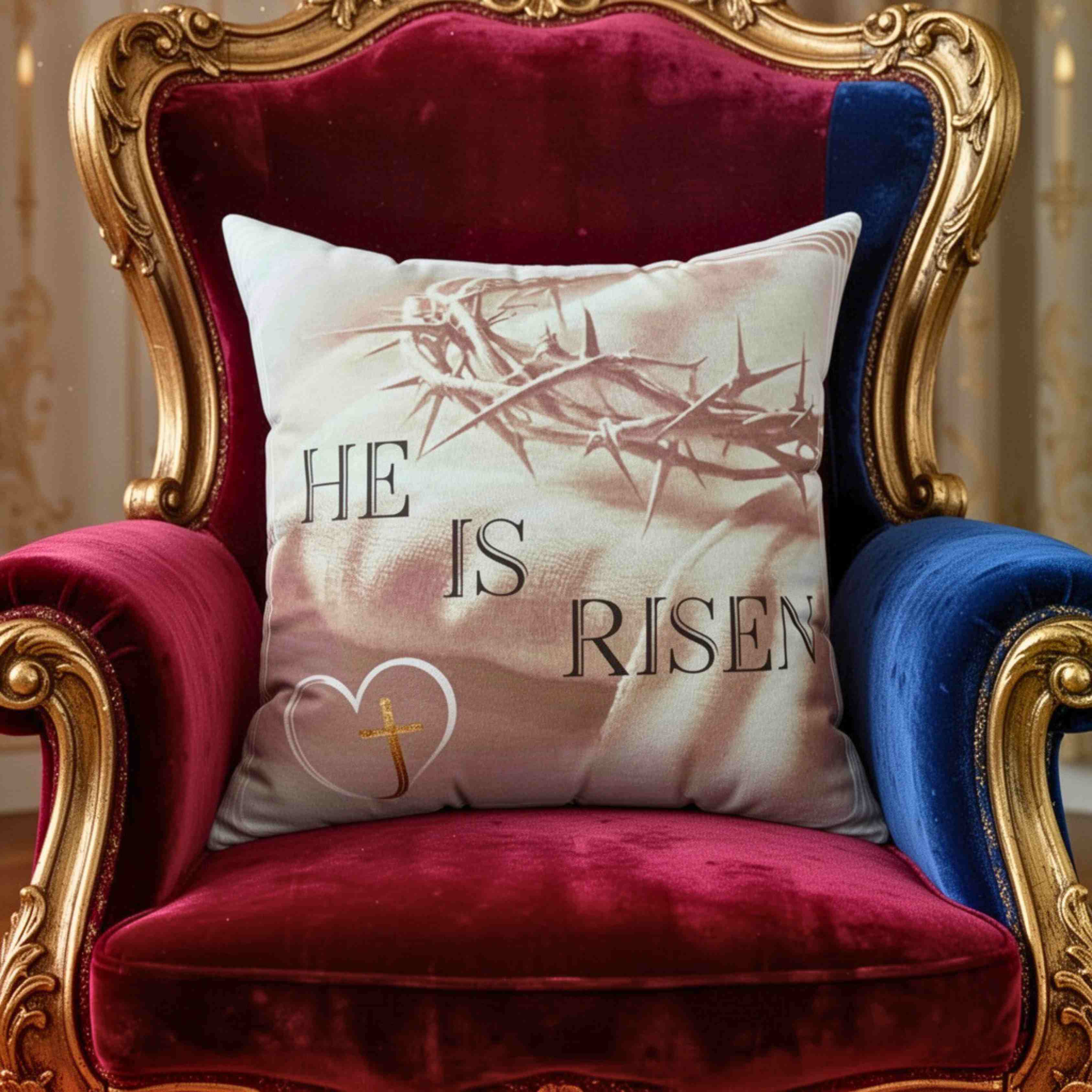 He Is Risen Decorative Throw Pillow — Christian Easter Couch Cushion with Crown of Thorns product thumbnail image