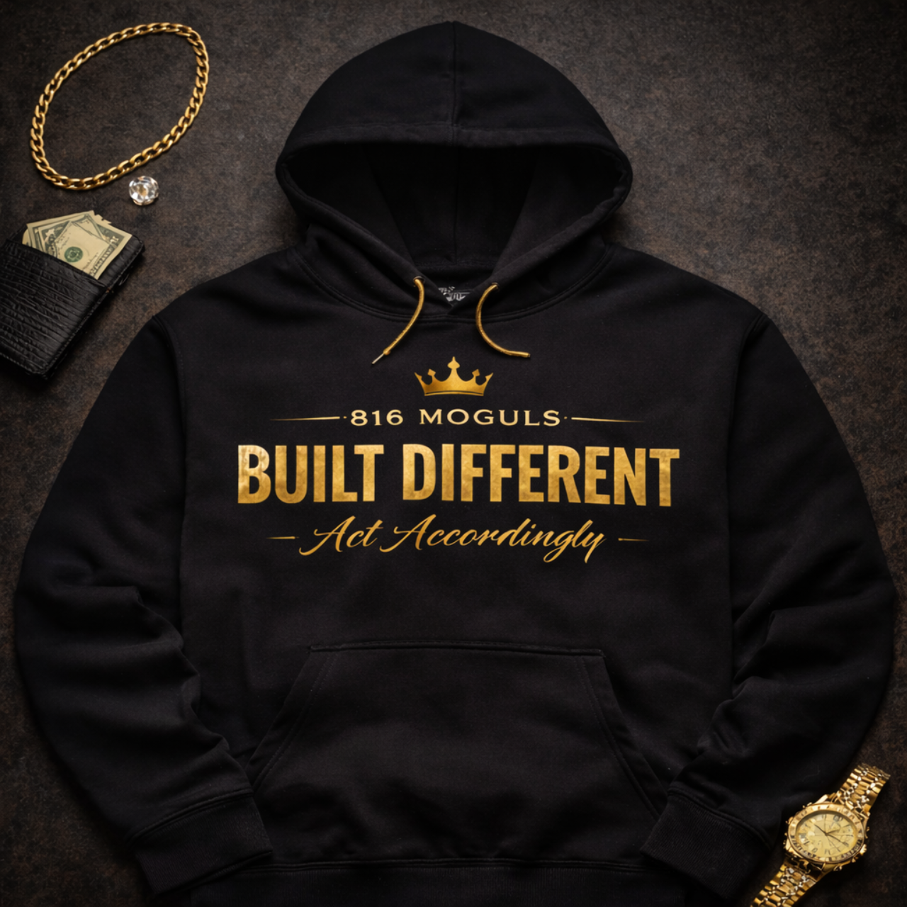 Built Different Hoodie — Minimal Gold Text Pullover
