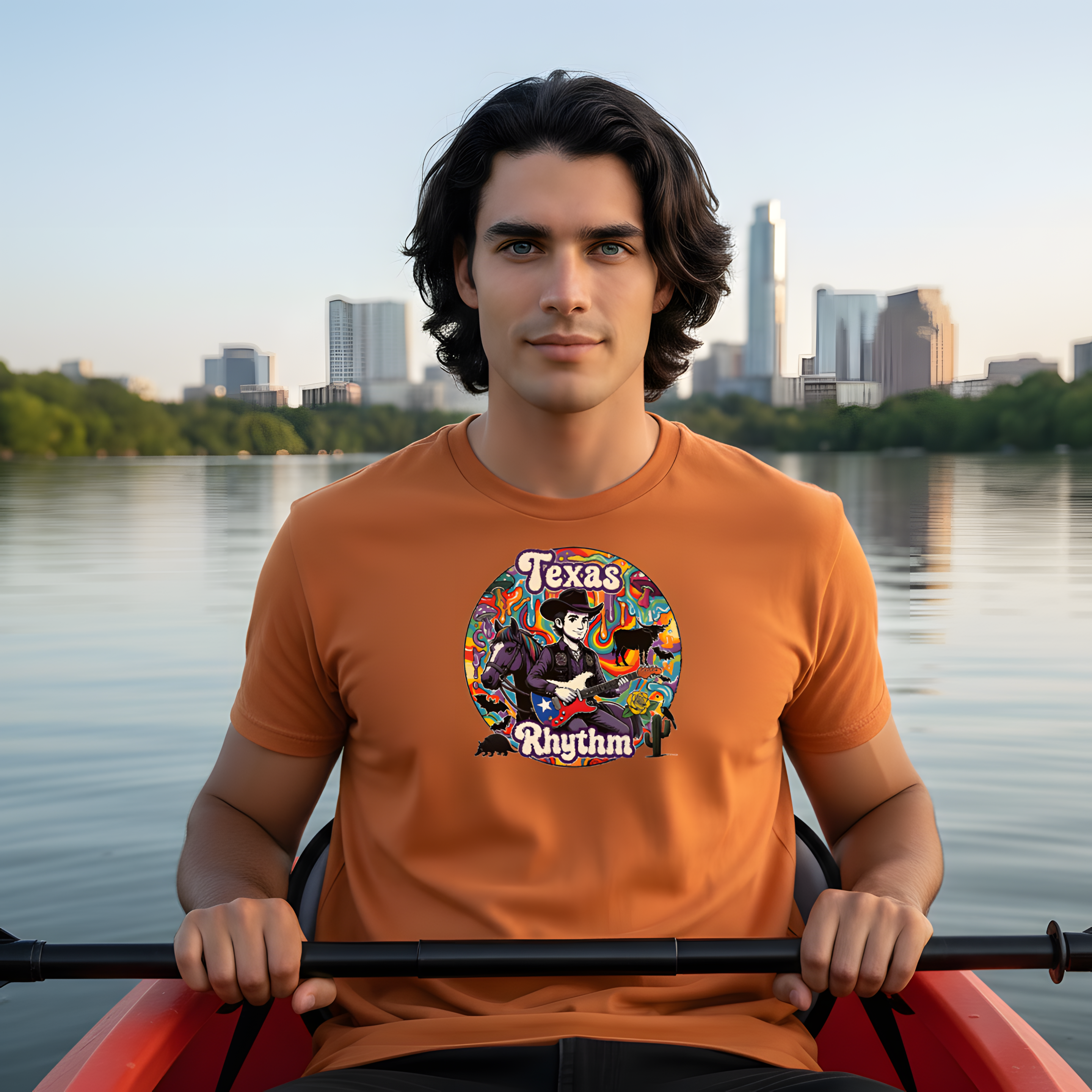 "Texas Rhythm" Badge Graphic Tee — Colorful Texas Music T-Shirt product thumbnail image