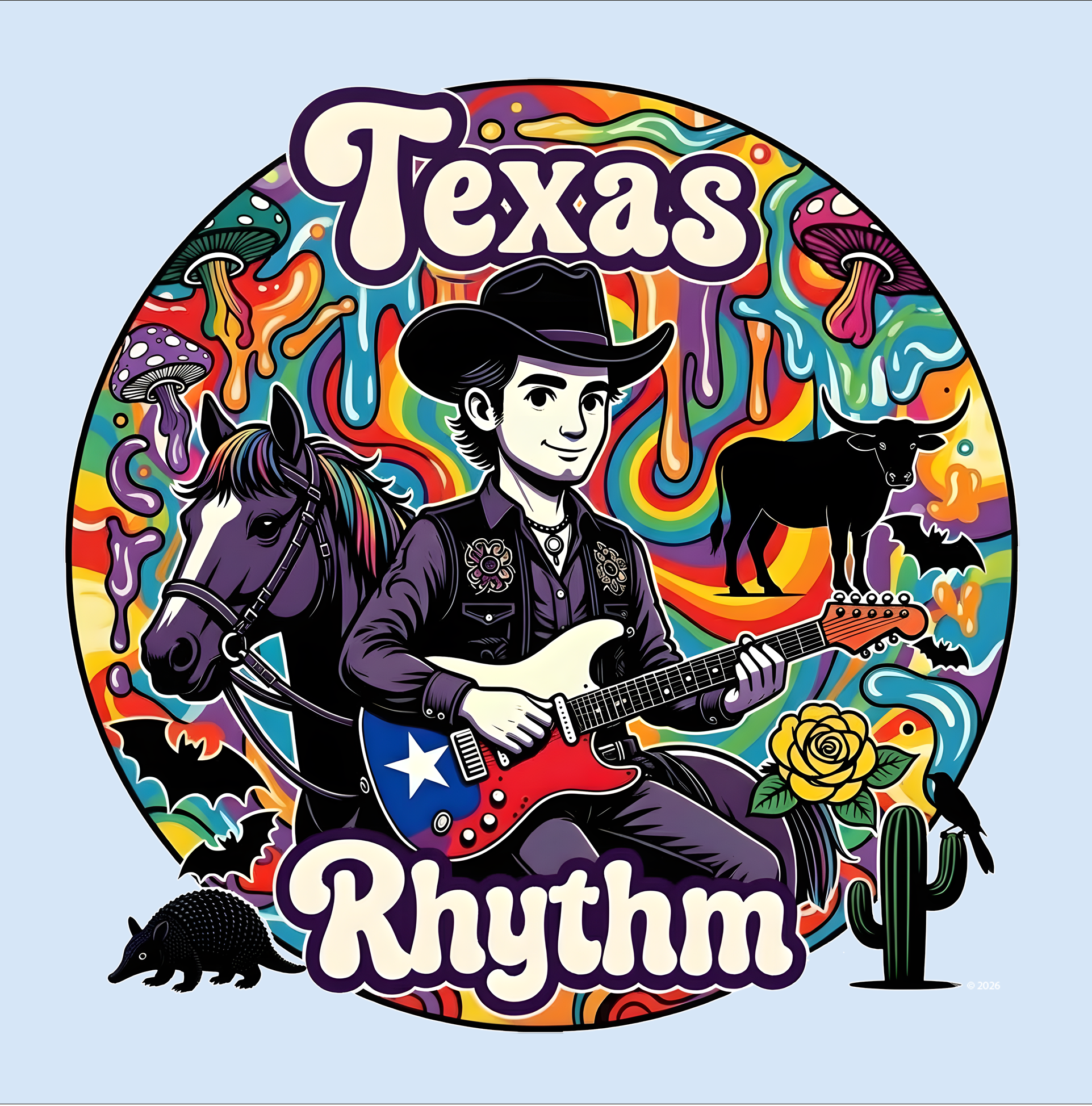 "Texas Rhythm" Badge Graphic Tee — Colorful Texas Music T-Shirt product thumbnail image