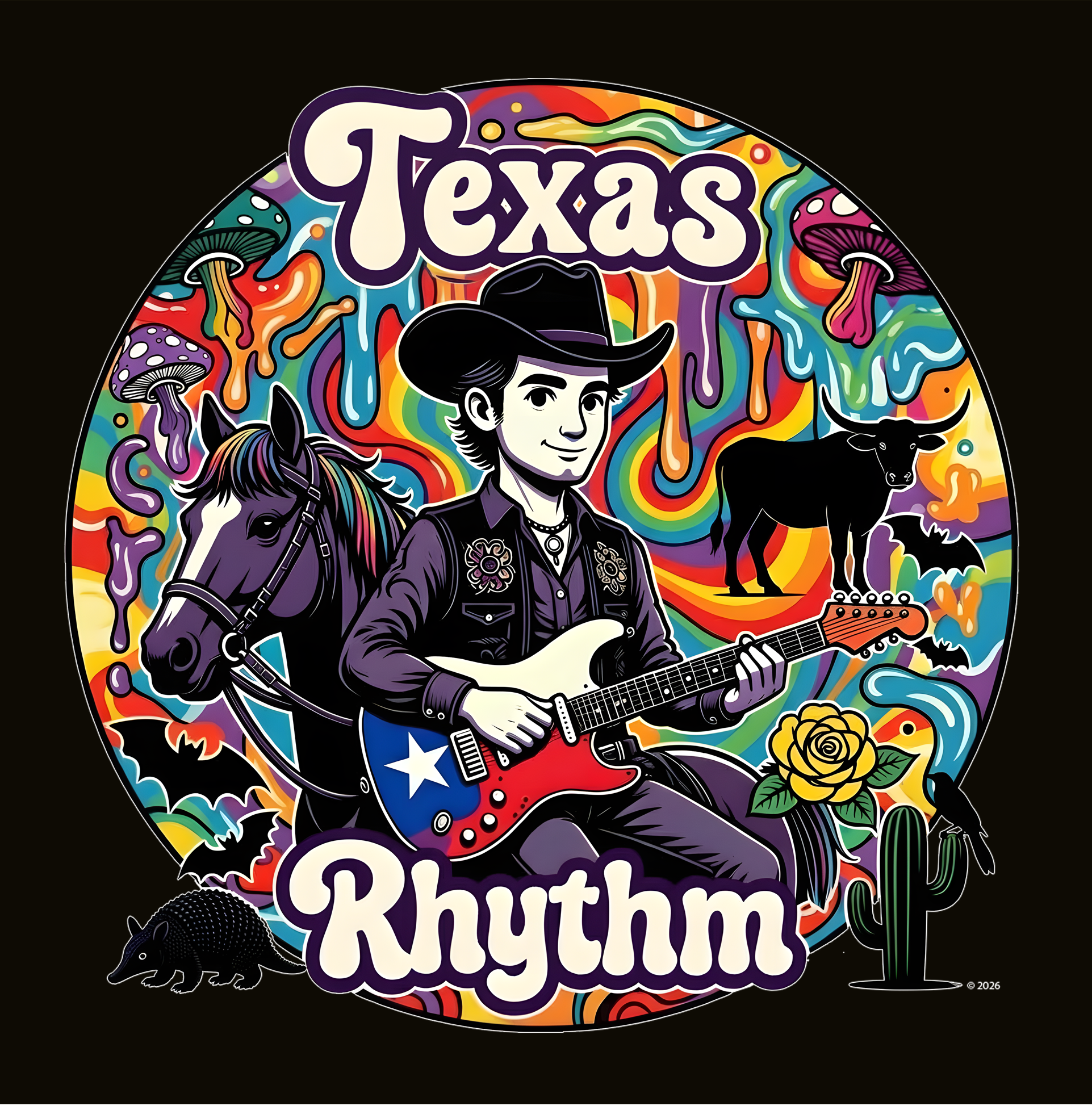 "Texas Rhythm" Badge Graphic Tee — Colorful Texas Music T-Shirt product thumbnail image