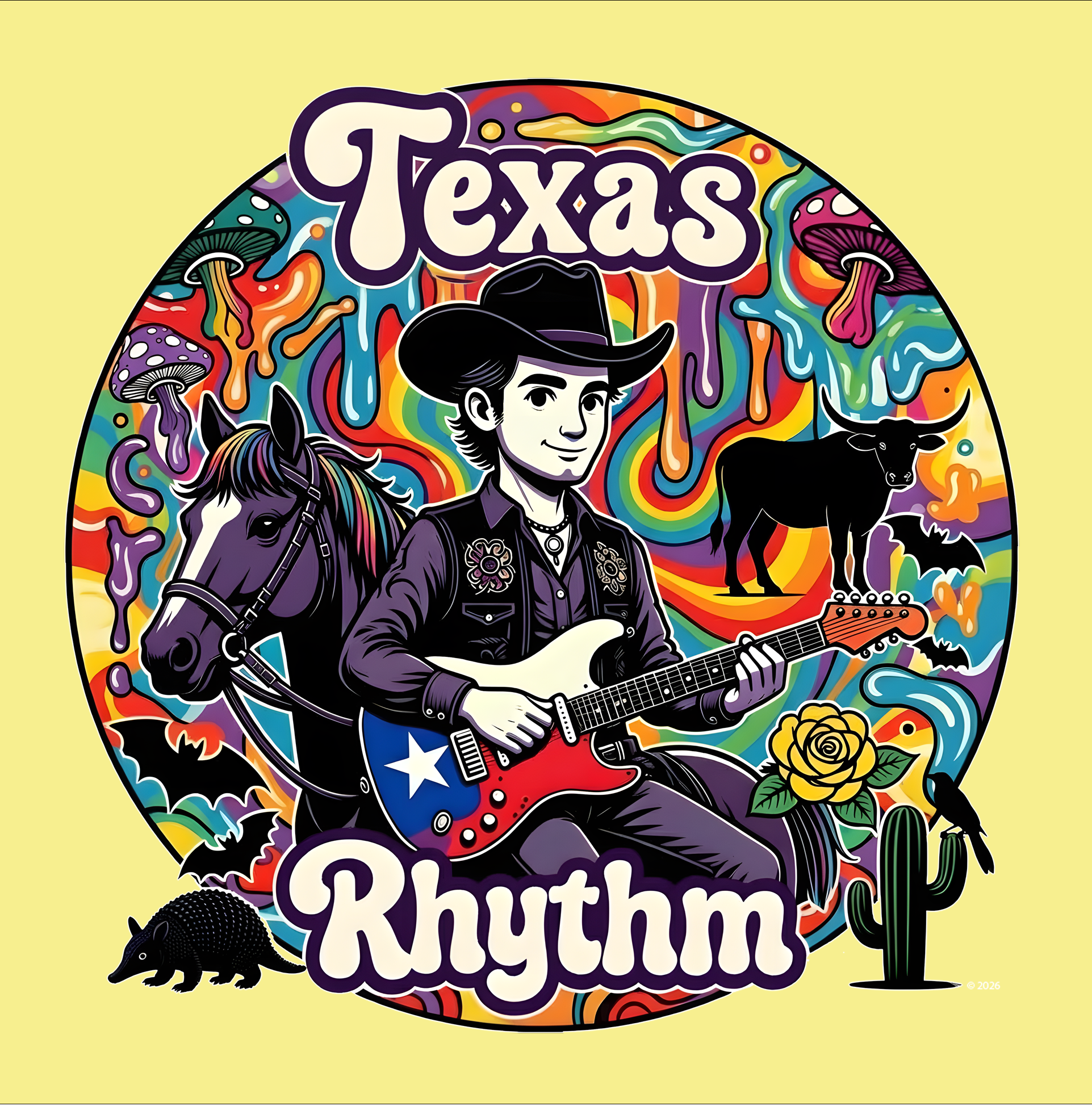"Texas Rhythm" Badge Graphic Tee — Colorful Texas Music T-Shirt product thumbnail image