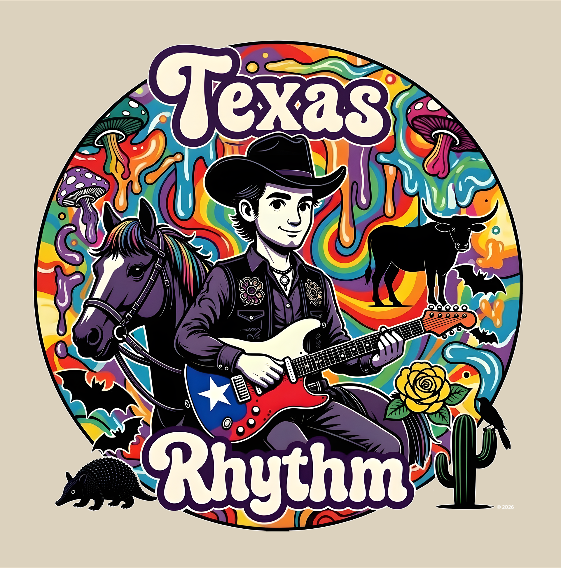 "Texas Rhythm" Badge Graphic Tee — Colorful Texas Music T-Shirt product thumbnail image "Texas Rhythm" Badge Graphic Tee — Colorful Texas Music T-Shirt product thumbnail image
