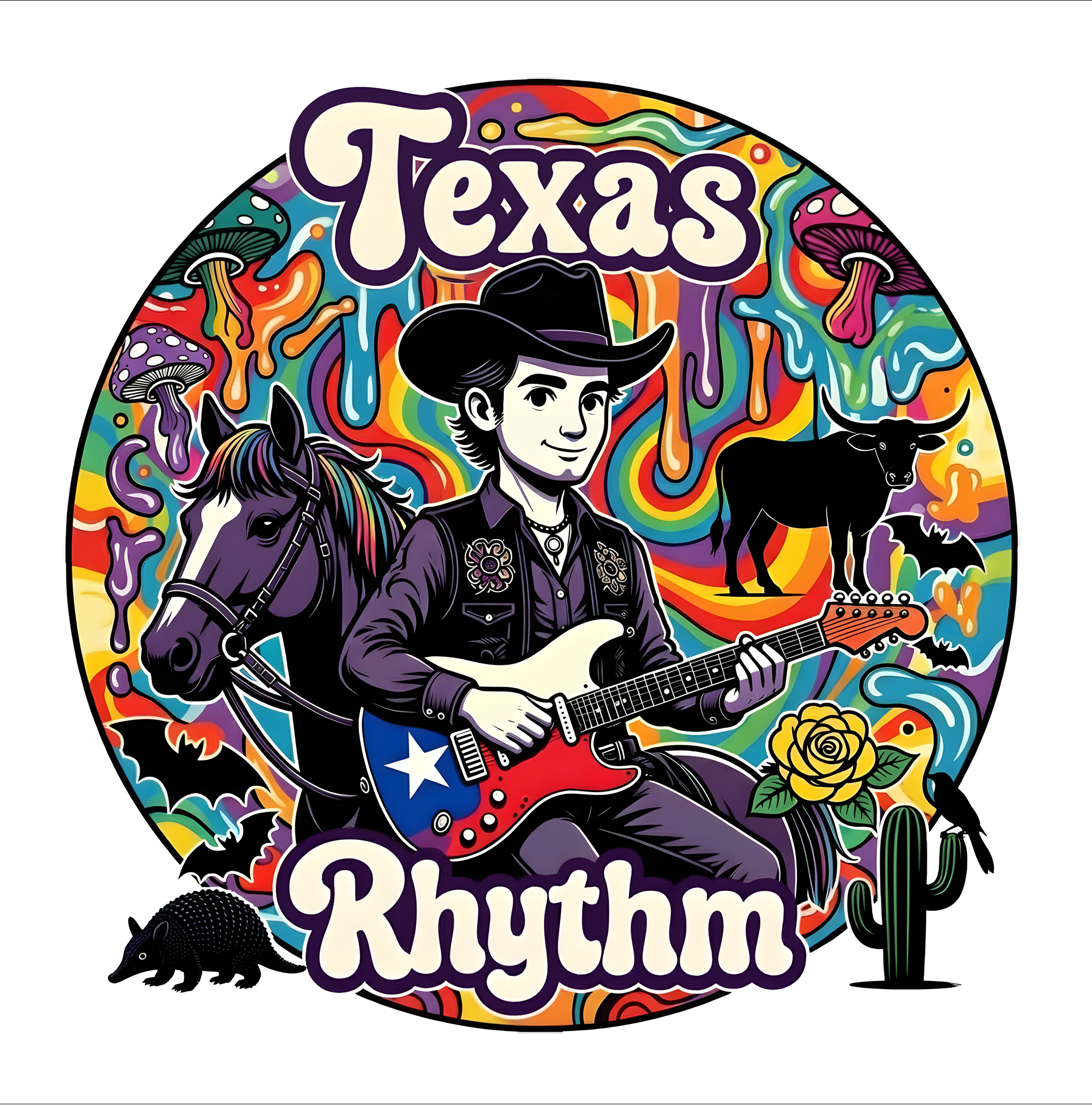 "Texas Rhythm" Badge Graphic Tee — Colorful Texas Music T-Shirt product thumbnail image
