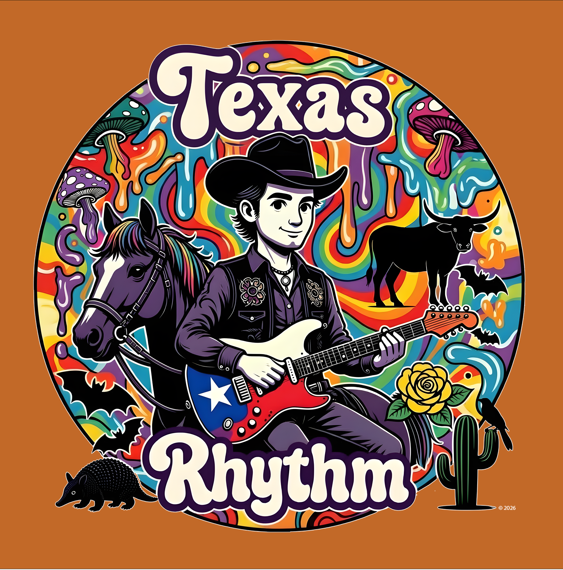 "Texas Rhythm" Badge Graphic Tee — Colorful Texas Music T-Shirt product thumbnail image