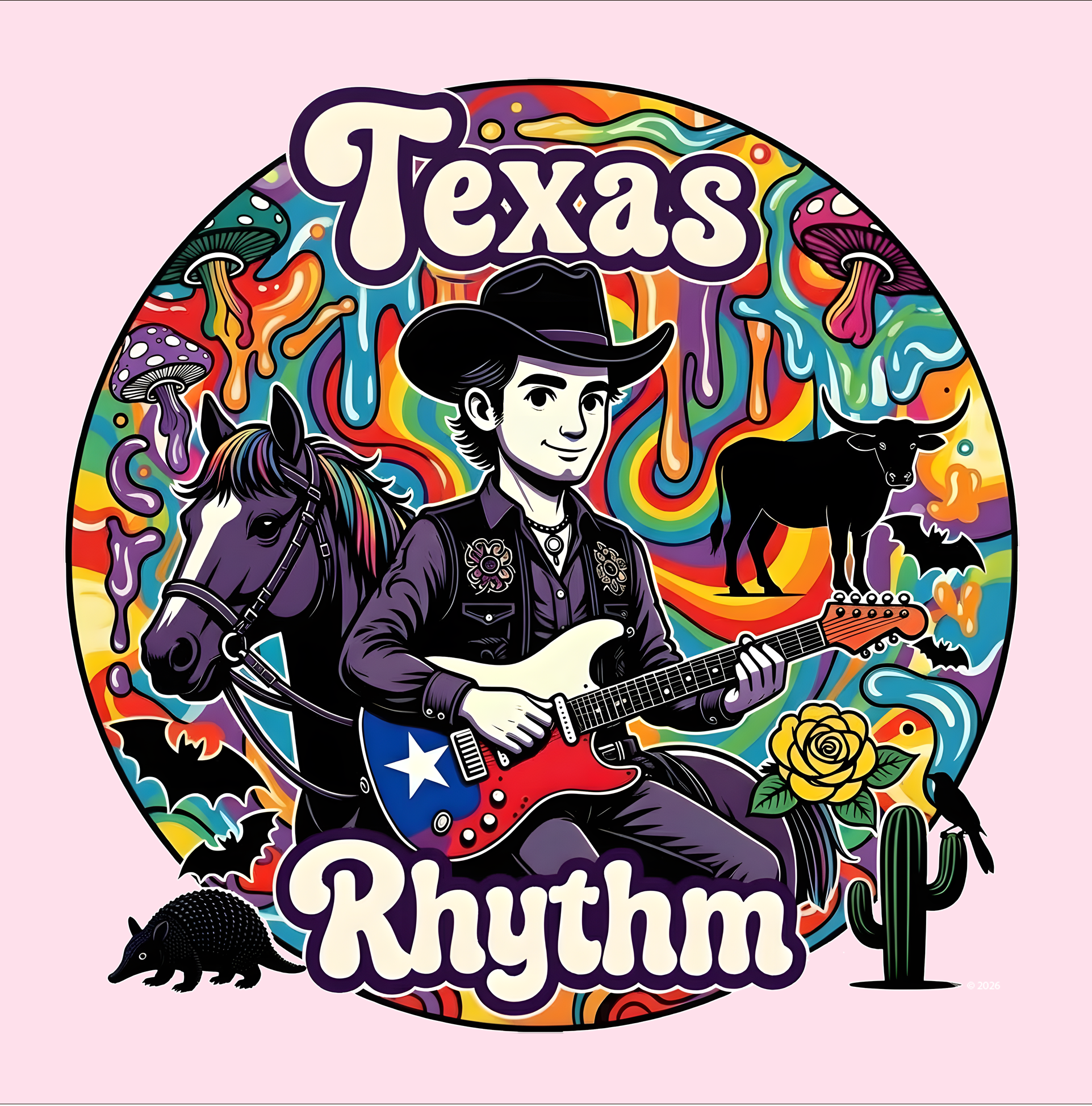 "Texas Rhythm" Badge Graphic Tee — Colorful Texas Music T-Shirt product thumbnail image "Texas Rhythm" Badge Graphic Tee — Colorful Texas Music T-Shirt product thumbnail image
