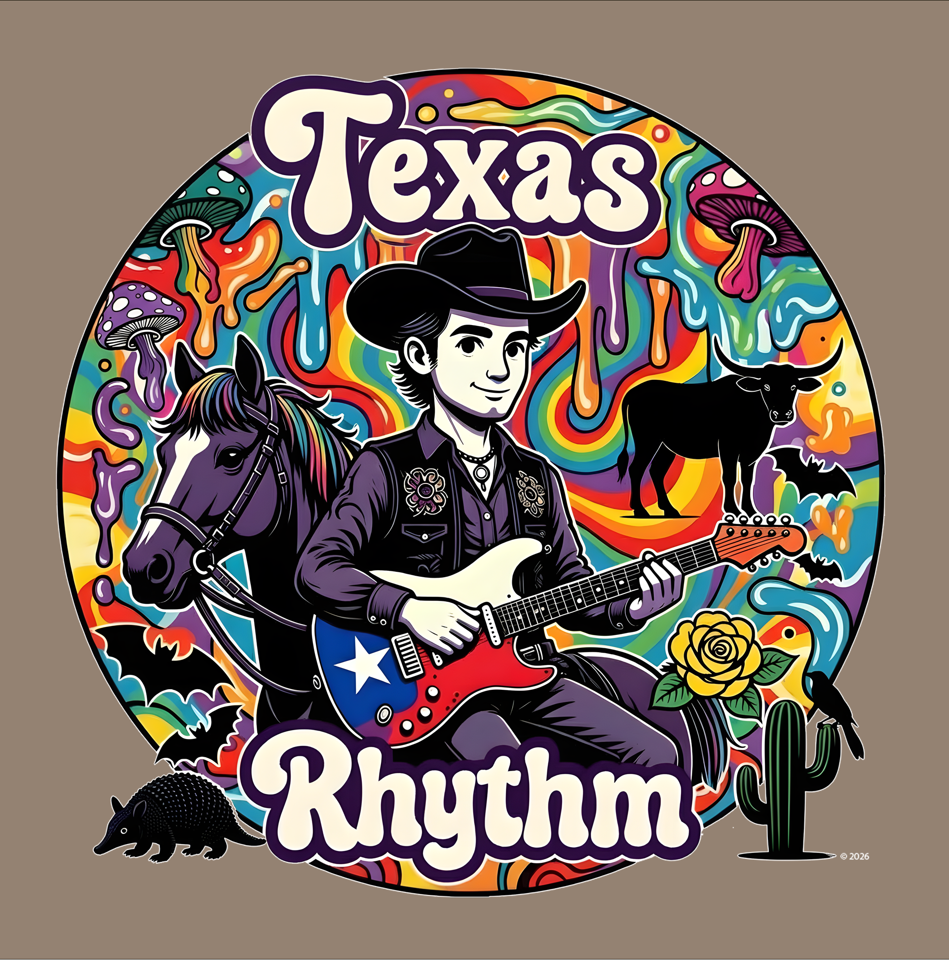 "Texas Rhythm" Badge Graphic Tee — Colorful Texas Music T-Shirt product thumbnail image