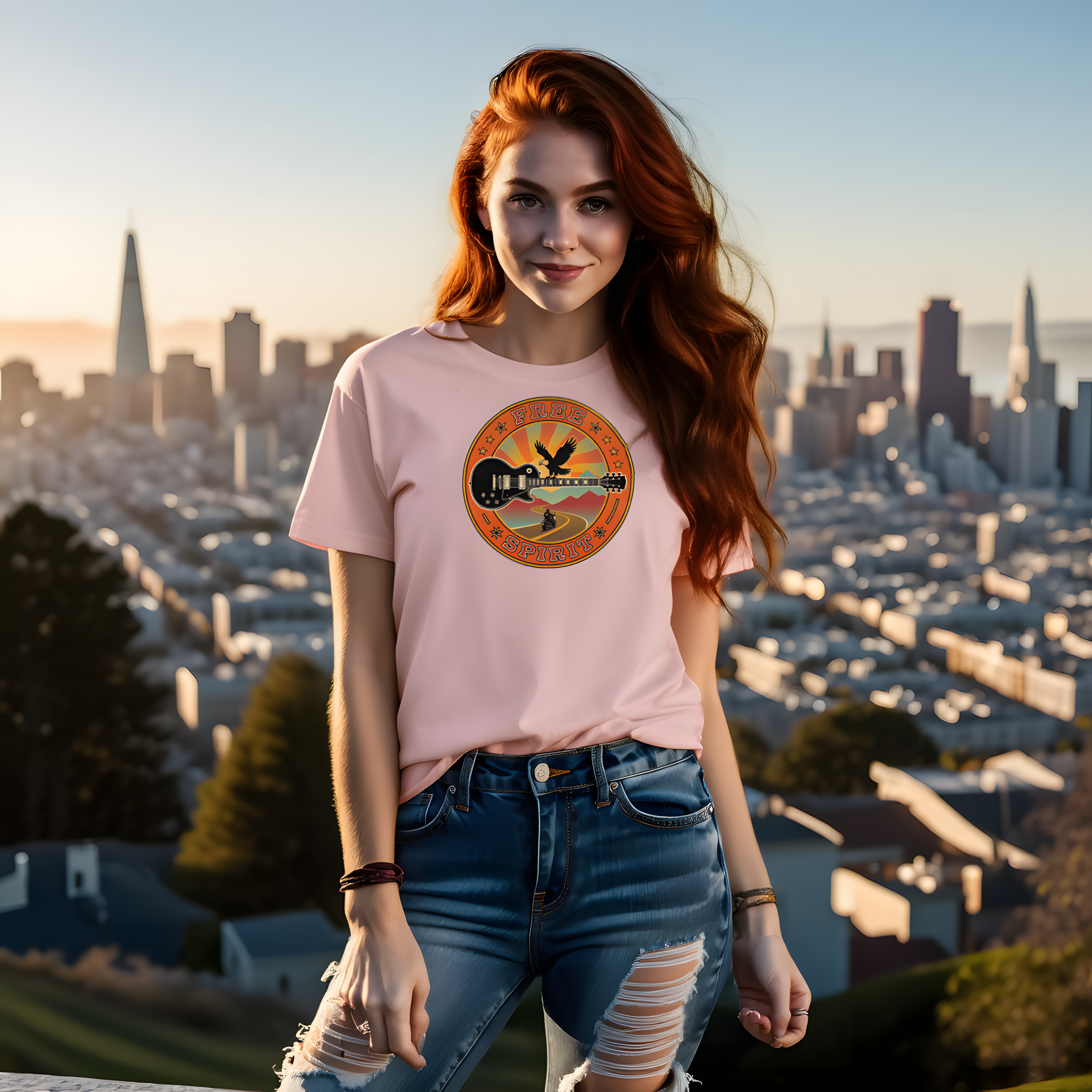 "Free Spirit" Badge Guitar T-Shirt — Retro Guitar "Road Trip" Graphic Tee product thumbnail image "Free Spirit" Badge Guitar T-Shirt — Retro Guitar "Road Trip" Graphic Tee product thumbnail image