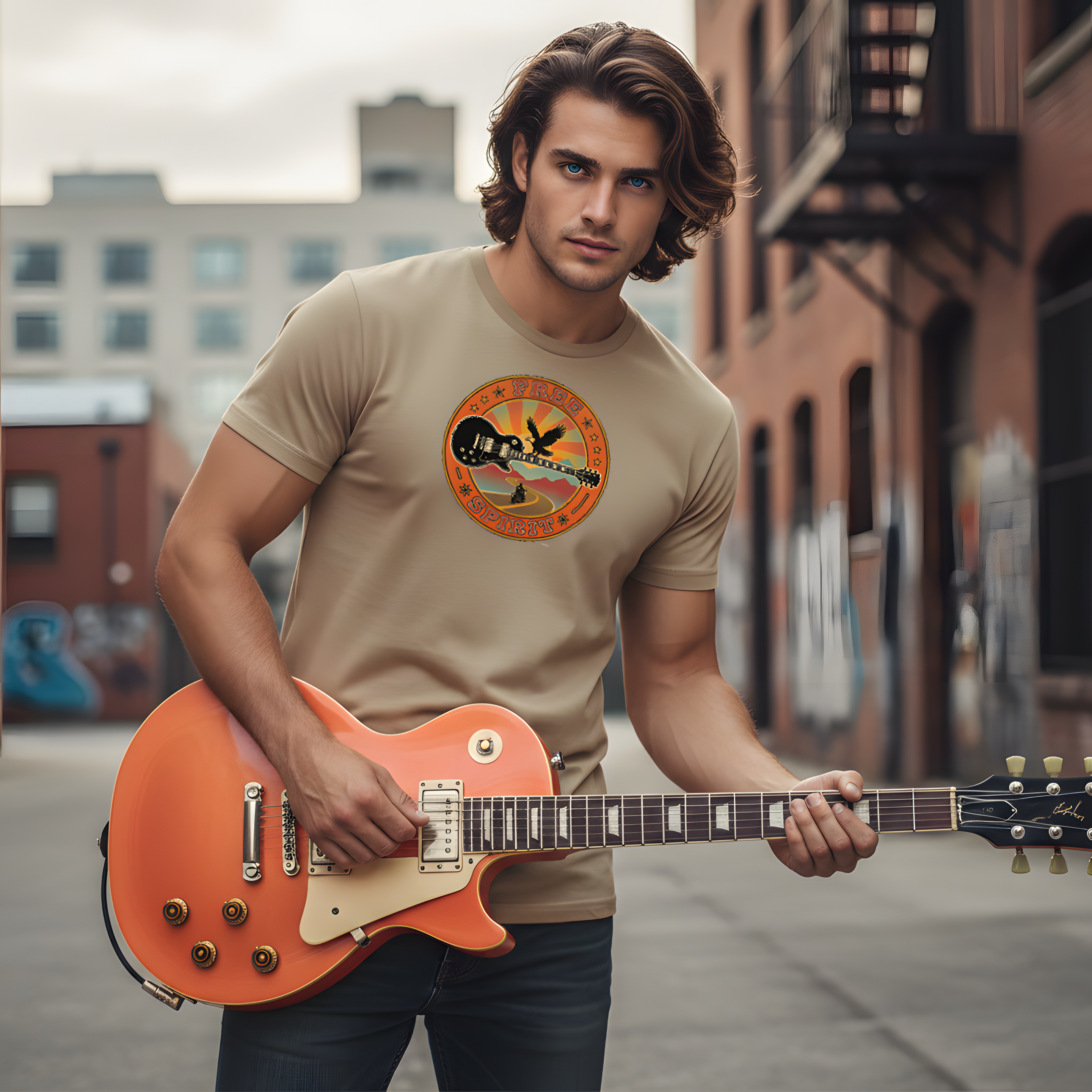 "Free Spirit" Badge Guitar T-Shirt — Retro Guitar "Road Trip" Graphic Tee product thumbnail image "Free Spirit" Badge Guitar T-Shirt — Retro Guitar "Road Trip" Graphic Tee product thumbnail image