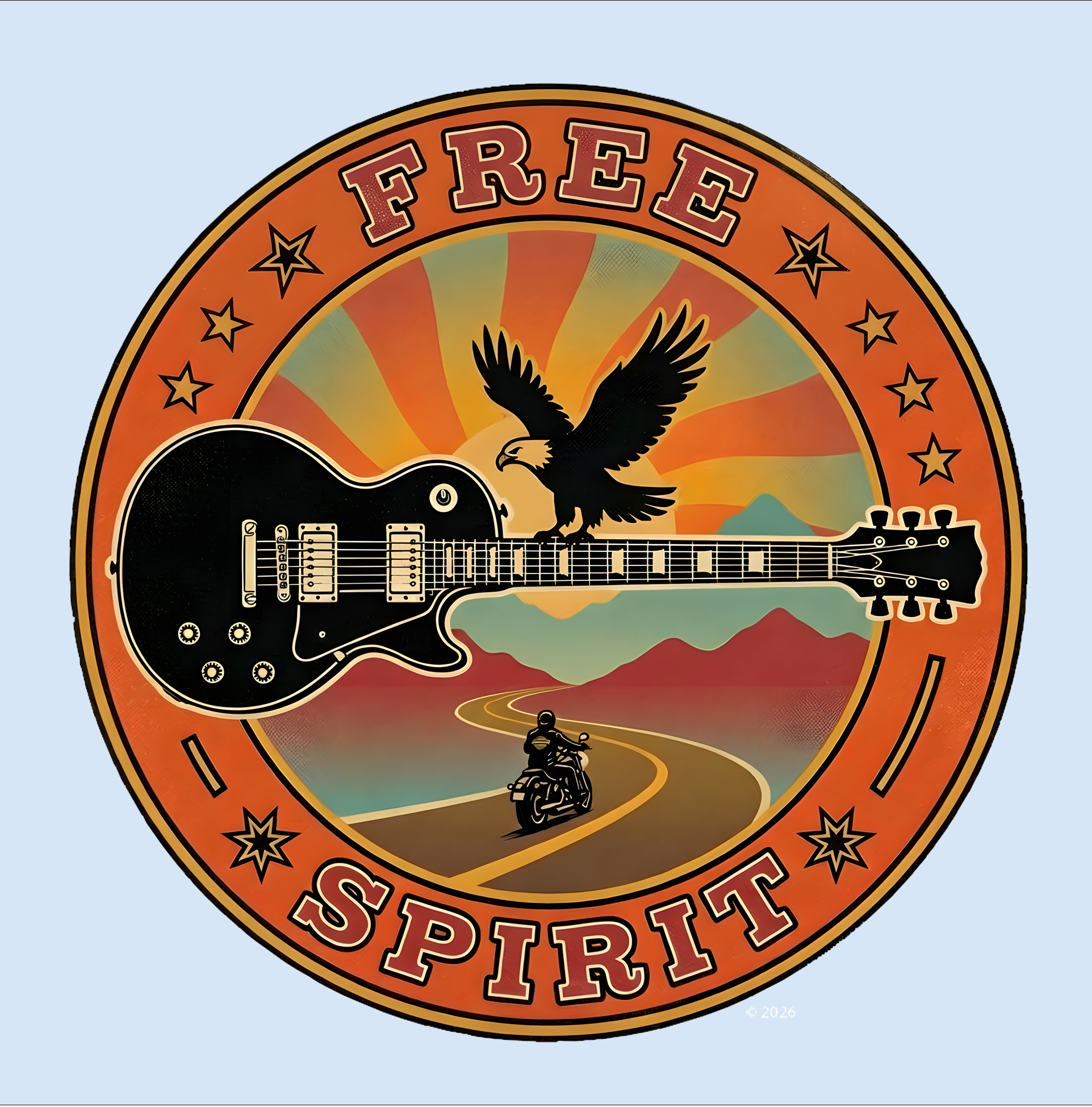 "Free Spirit" Badge Guitar T-Shirt — Retro Guitar "Road Trip" Graphic Tee product thumbnail image