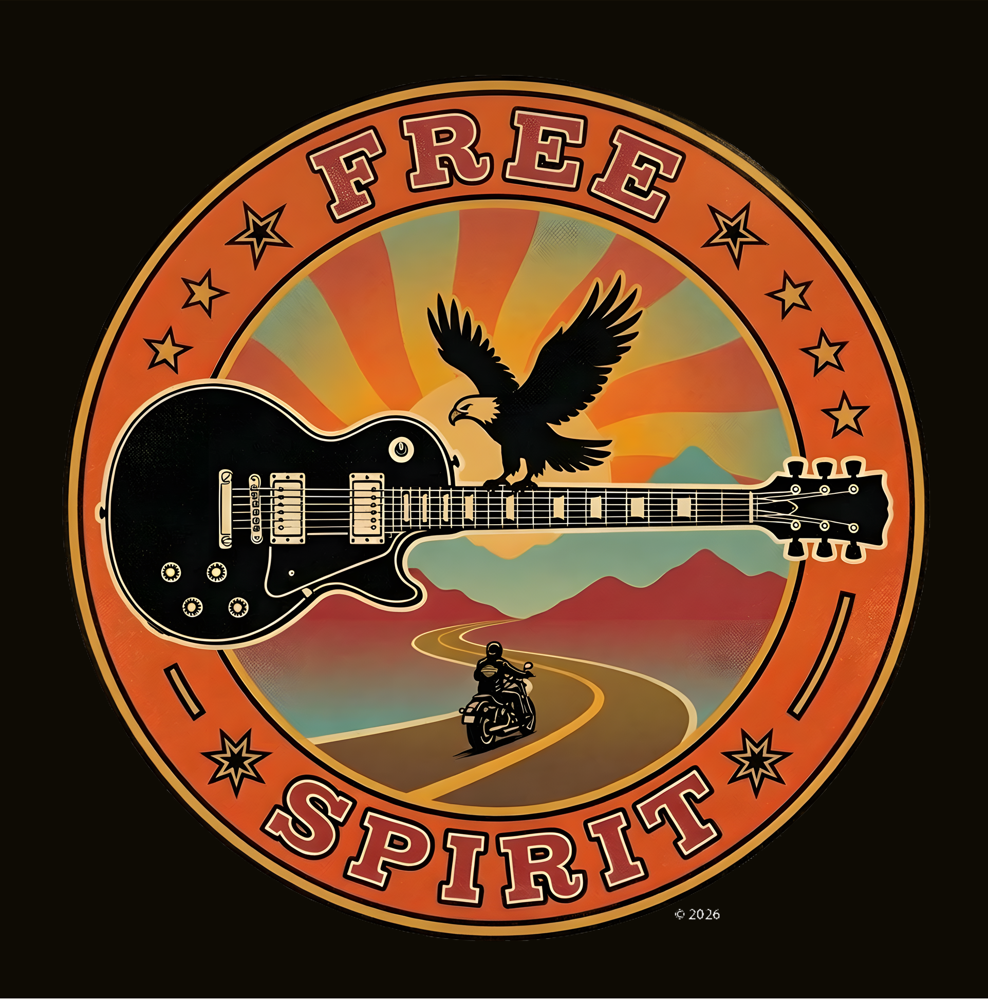 "Free Spirit" Badge Guitar T-Shirt — Retro Guitar "Road Trip" Graphic Tee product thumbnail image "Free Spirit" Badge Guitar T-Shirt — Retro Guitar "Road Trip" Graphic Tee product thumbnail image
