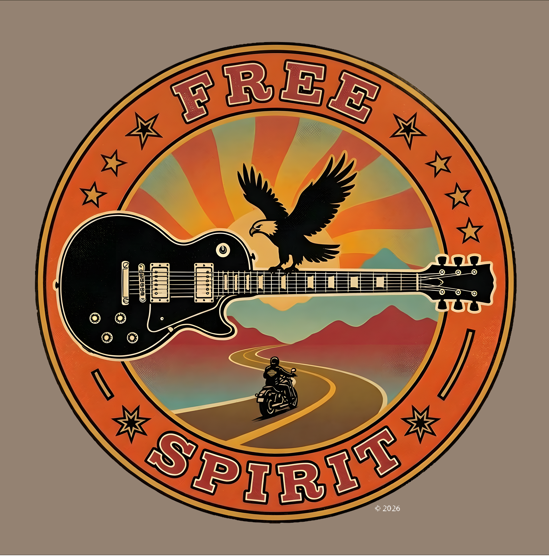 "Free Spirit" Badge Guitar T-Shirt — Retro Guitar "Road Trip" Graphic Tee product thumbnail image