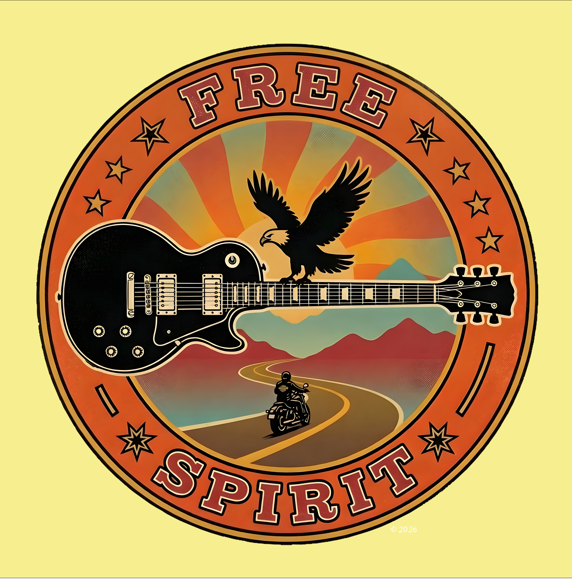 "Free Spirit" Badge Guitar T-Shirt — Retro Guitar "Road Trip" Graphic Tee product thumbnail image "Free Spirit" Badge Guitar T-Shirt — Retro Guitar "Road Trip" Graphic Tee product thumbnail image